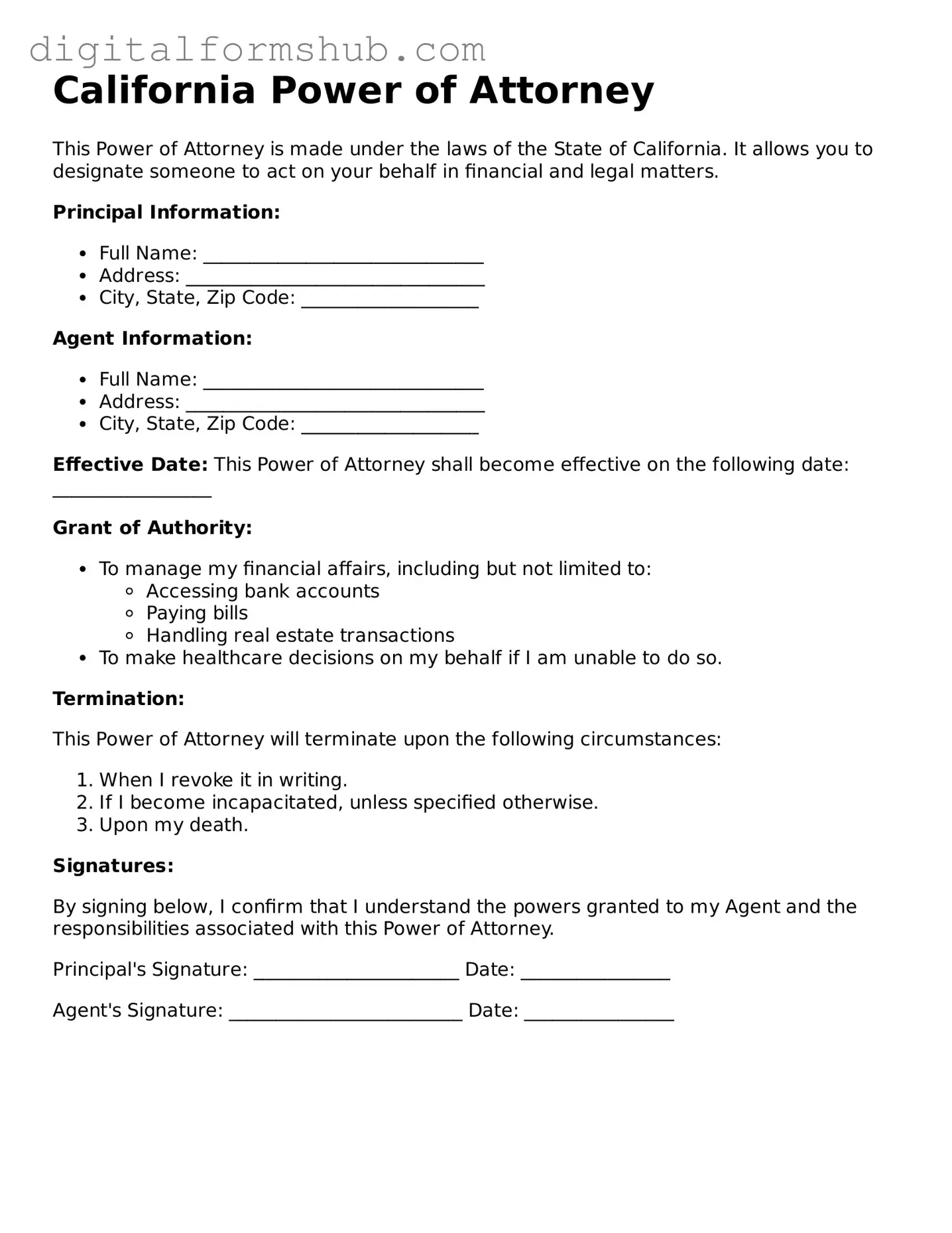 Official Power of Attorney Template for the State of California
