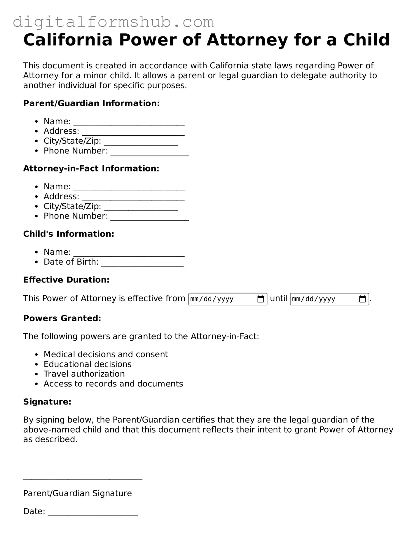 Official Power of Attorney for a Child Template for the State of California