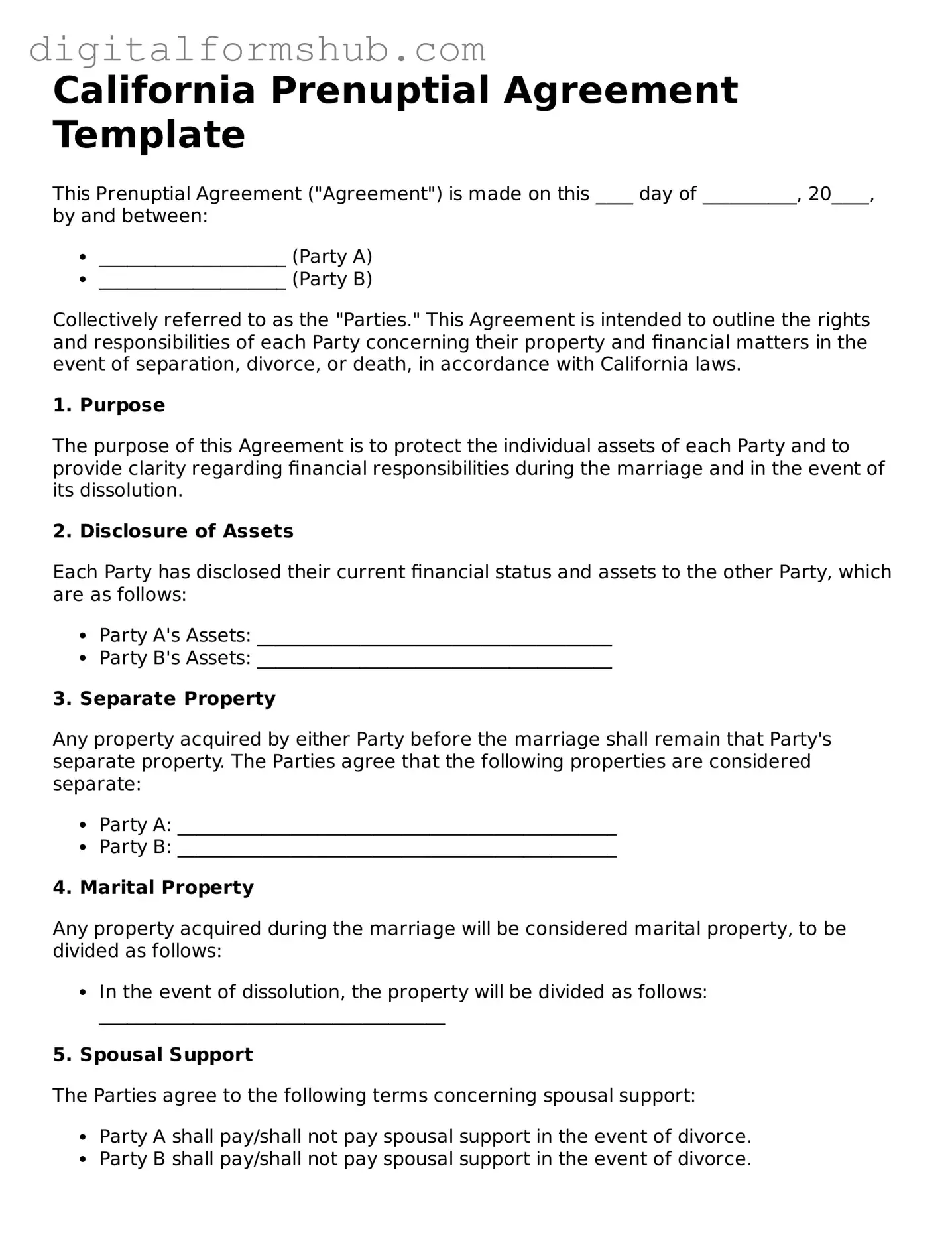 Official Prenuptial Agreement Template for the State of California