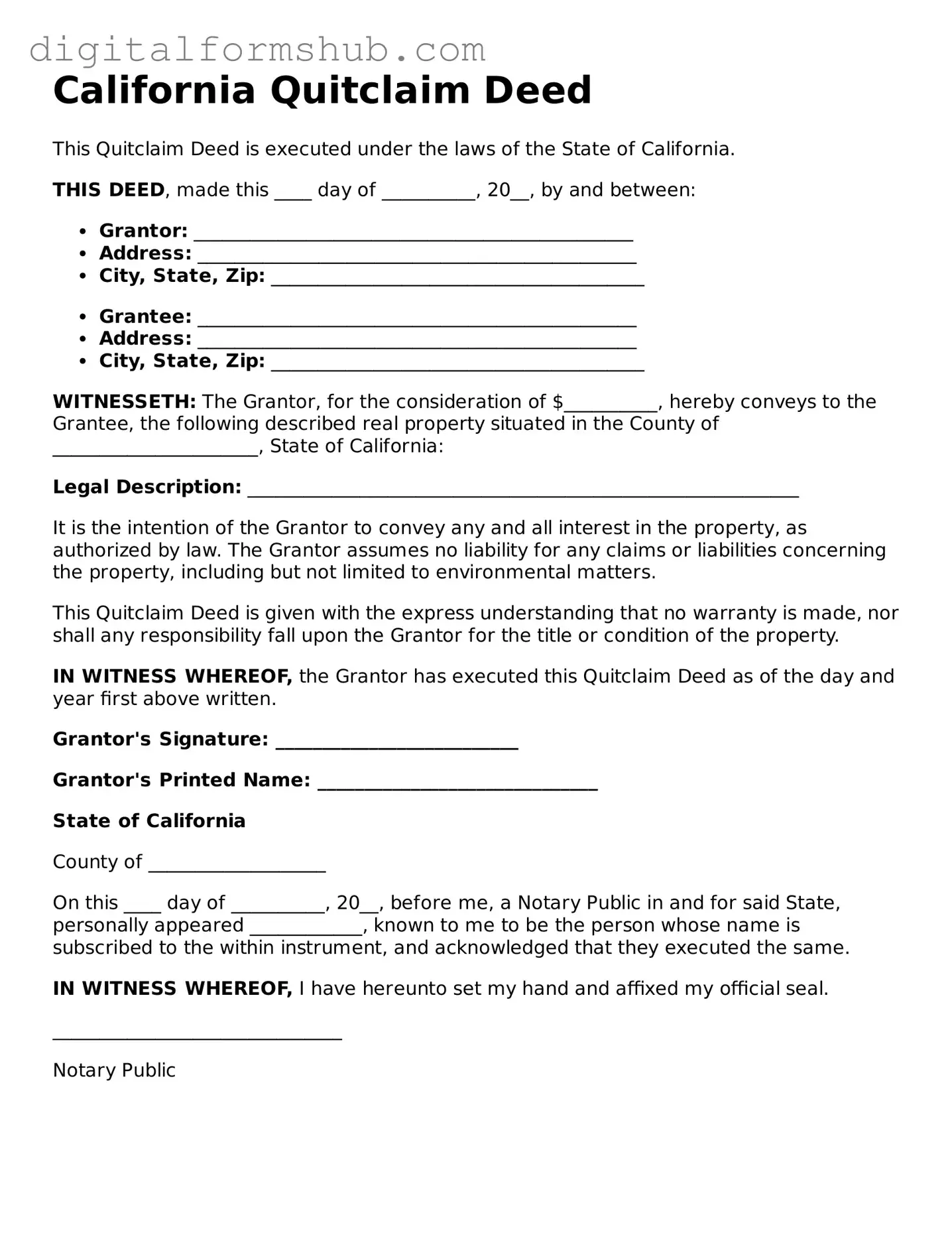 Official Quitclaim Deed Template for the State of California