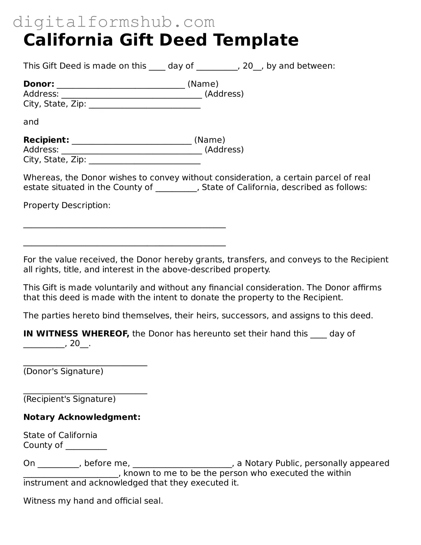 Official Gift Deed Template for the State of California