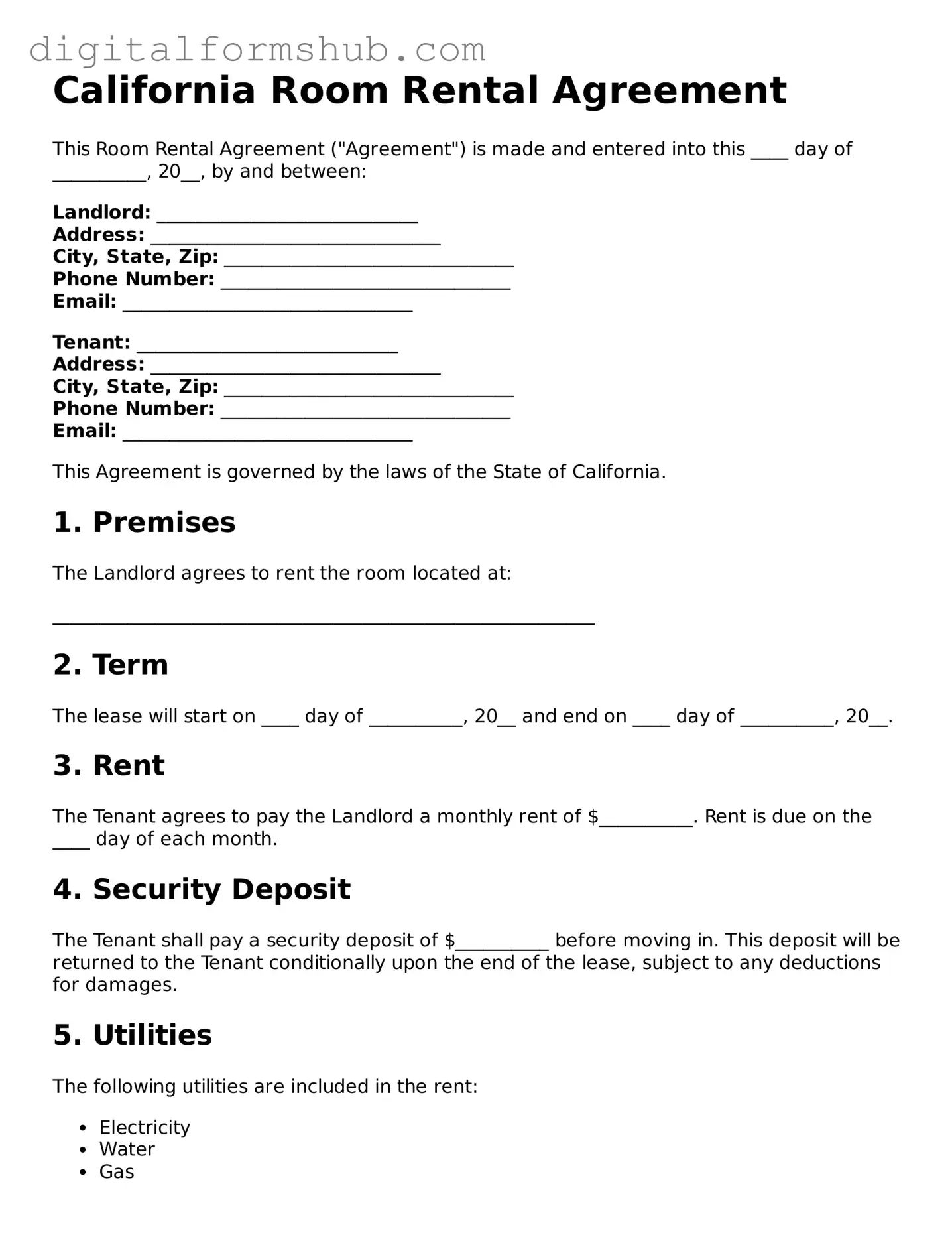 Official Room Rental Agreement Template for the State of California