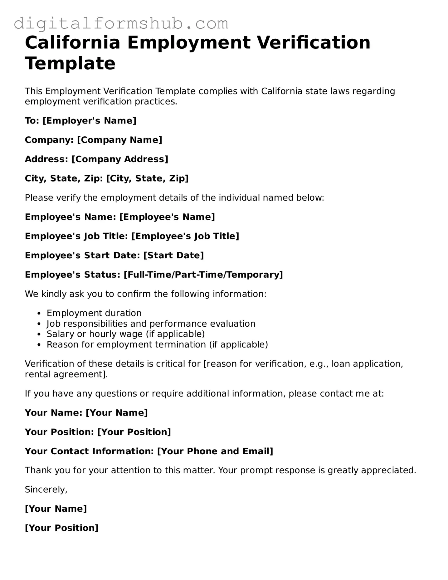 Official Employment Verification Template for the State of California