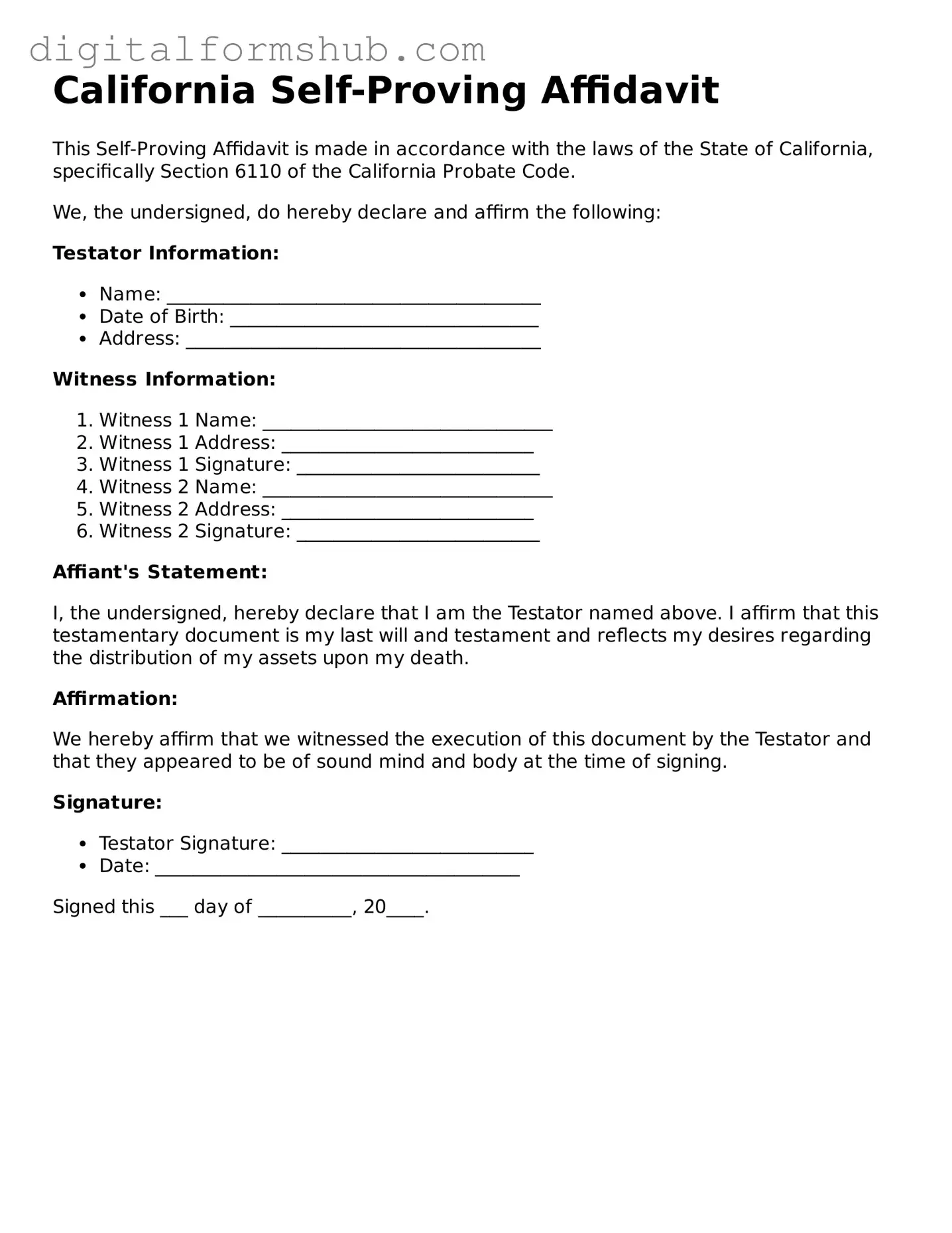 Official Self-Proving Affidavit Template for the State of California