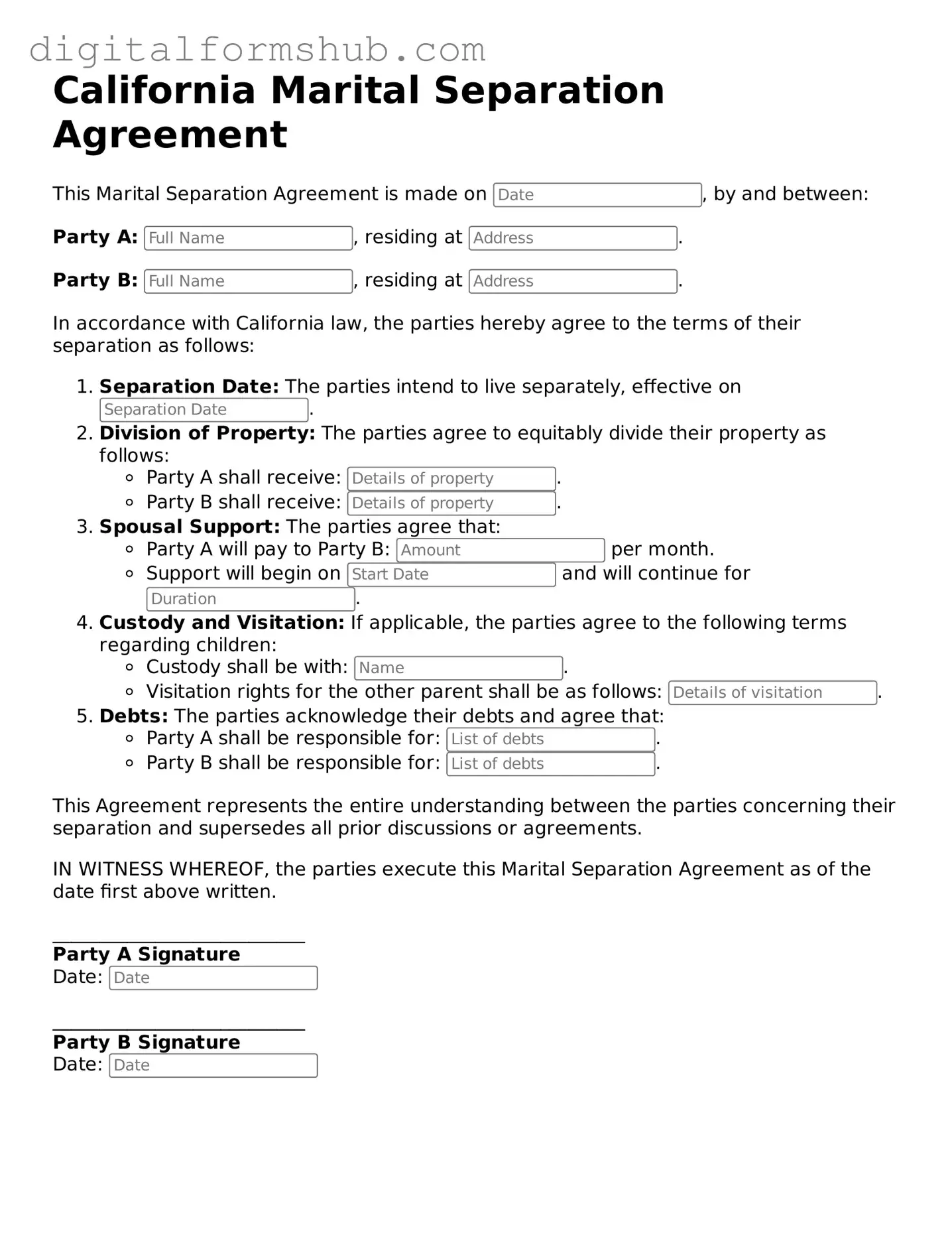 Official Marital Separation Agreement Template for the State of California