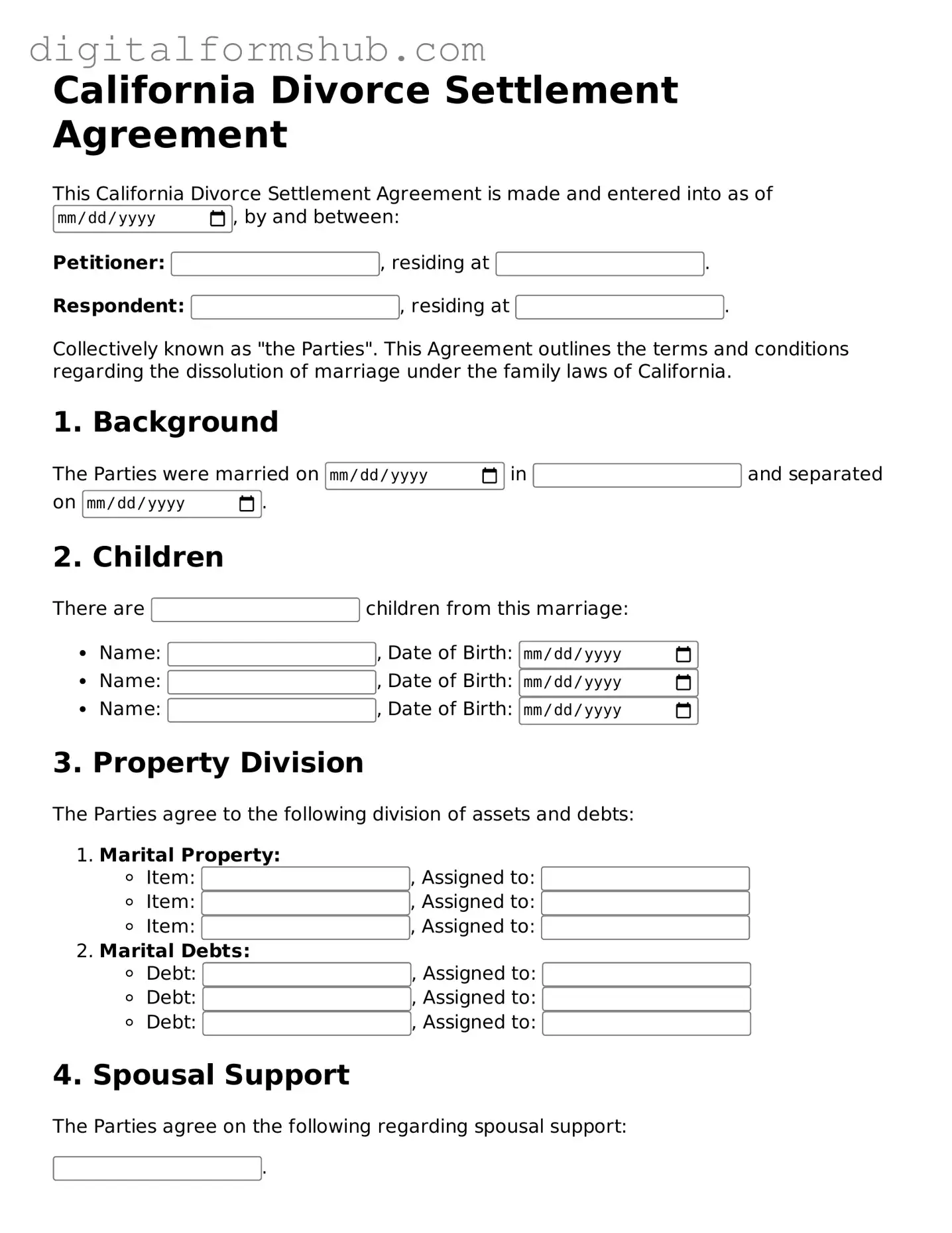 Official Divorce Settlement Agreement Template for the State of California