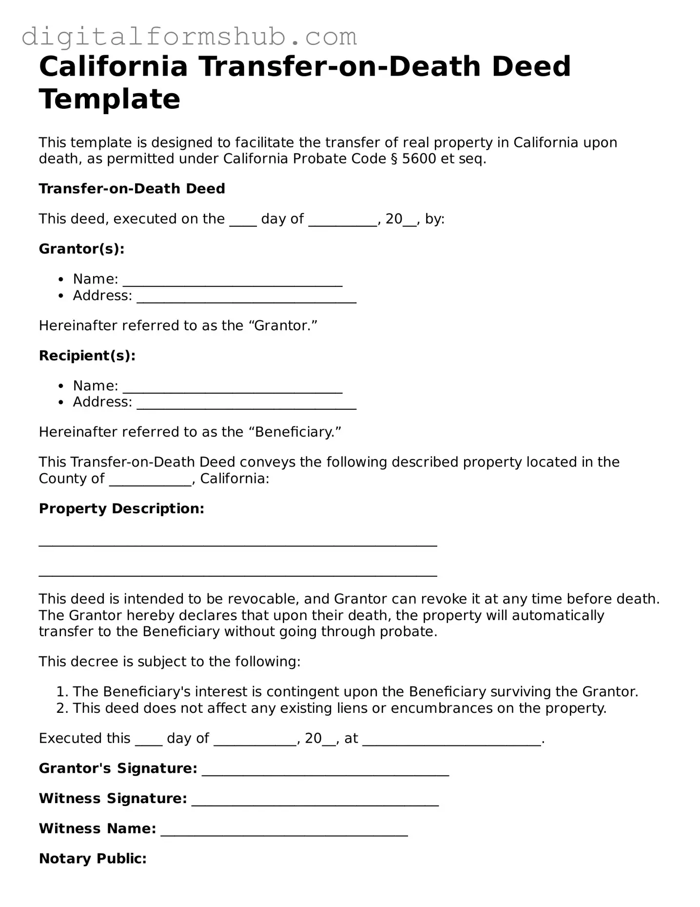 Official Transfer-on-Death Deed Template for the State of California