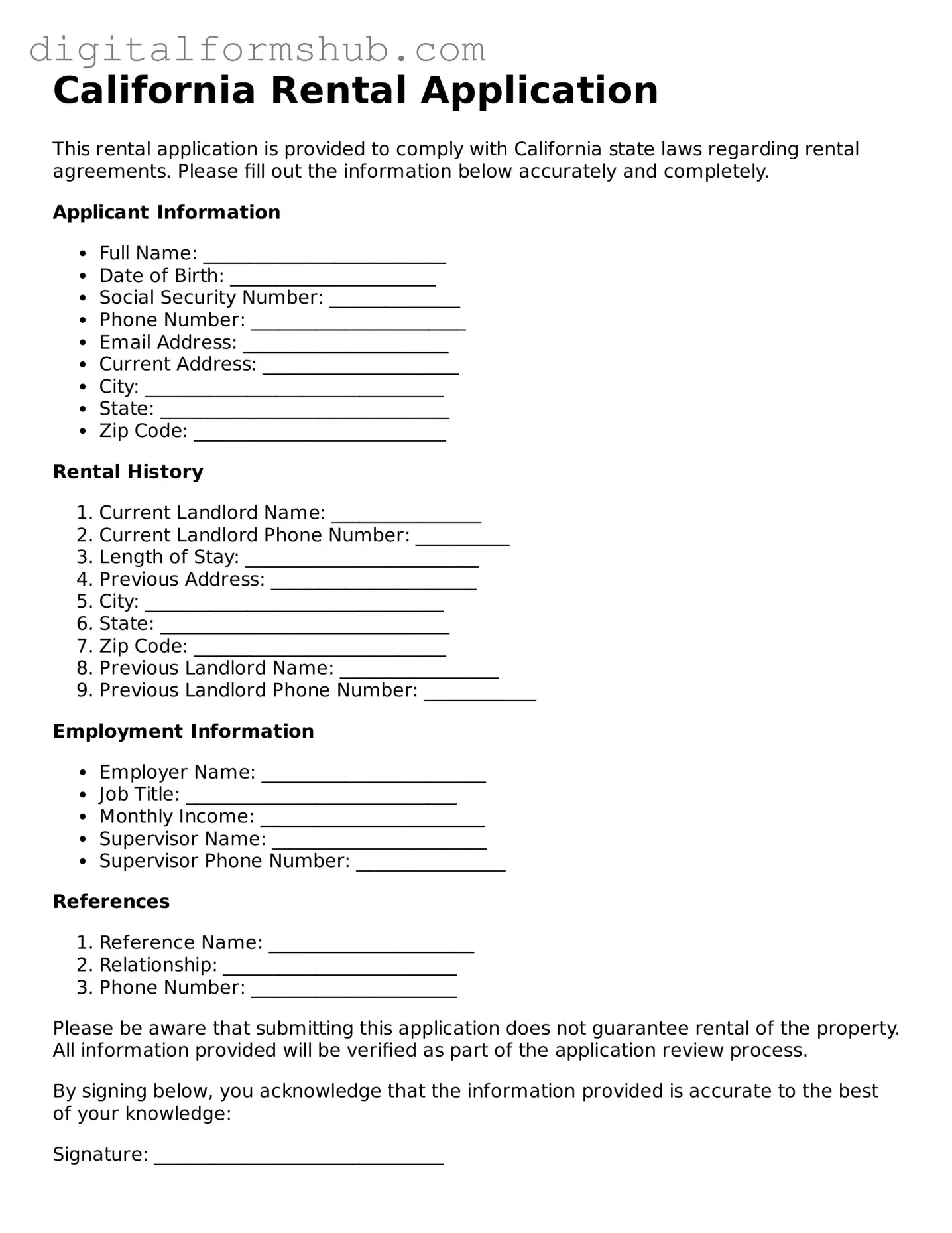 Official Rental Application Template for the State of California