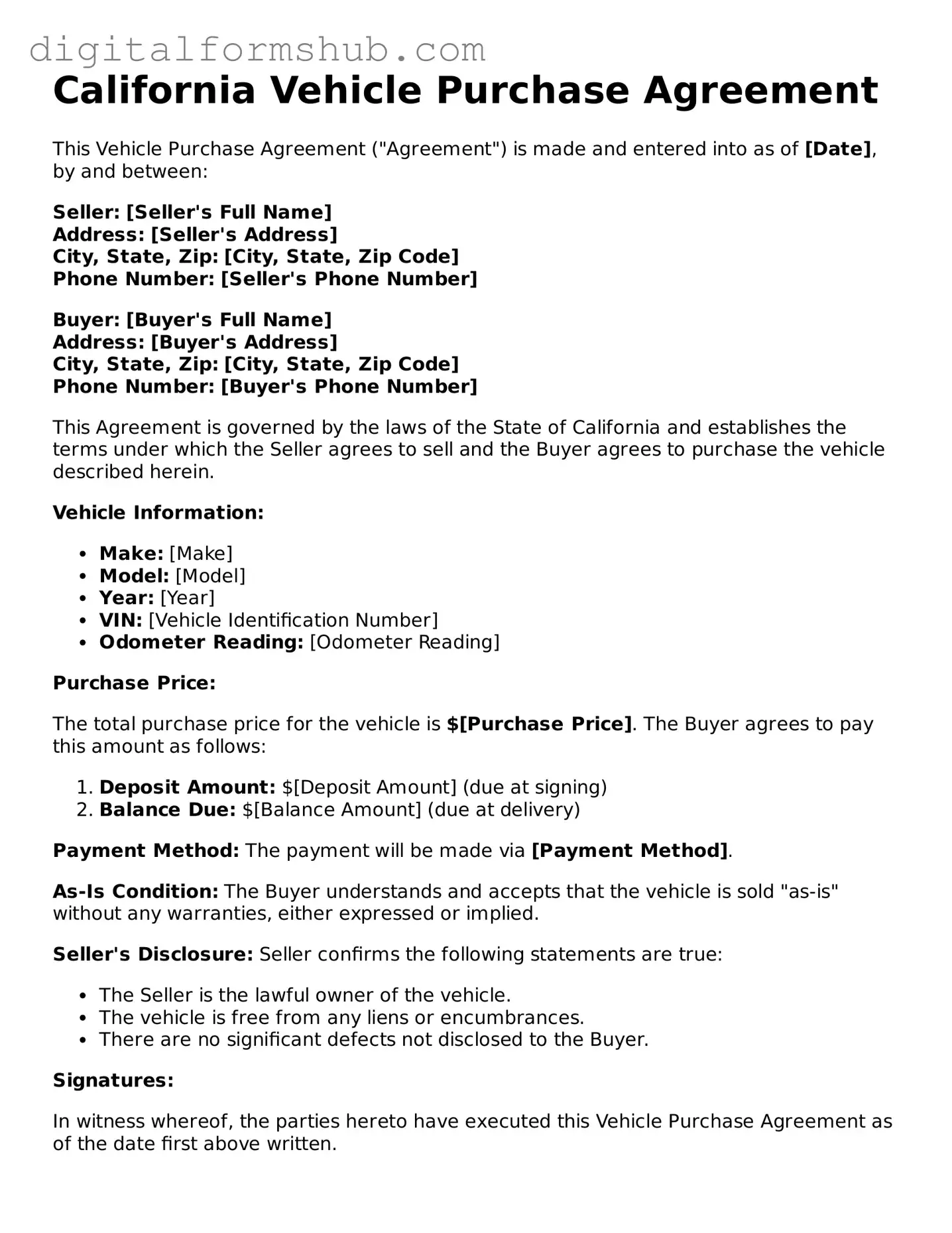 Official Vehicle Purchase Agreement Template for the State of California