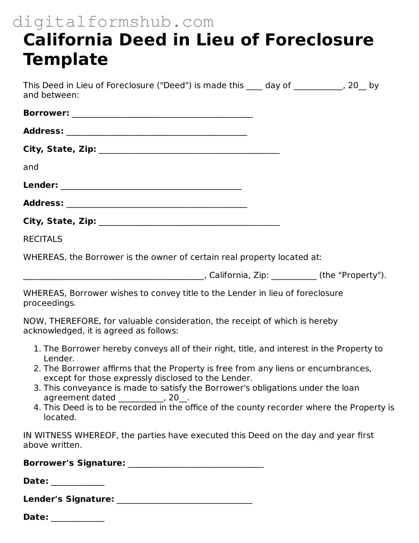 Official Deed in Lieu of Foreclosure Template for the State of California