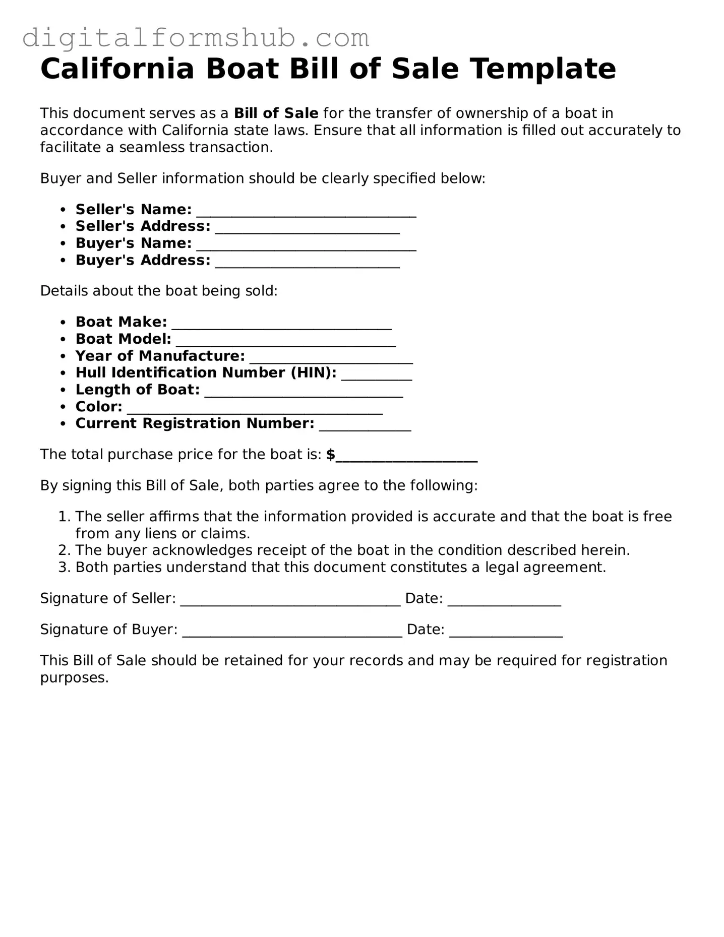 Official Boat Bill of Sale Template for the State of California