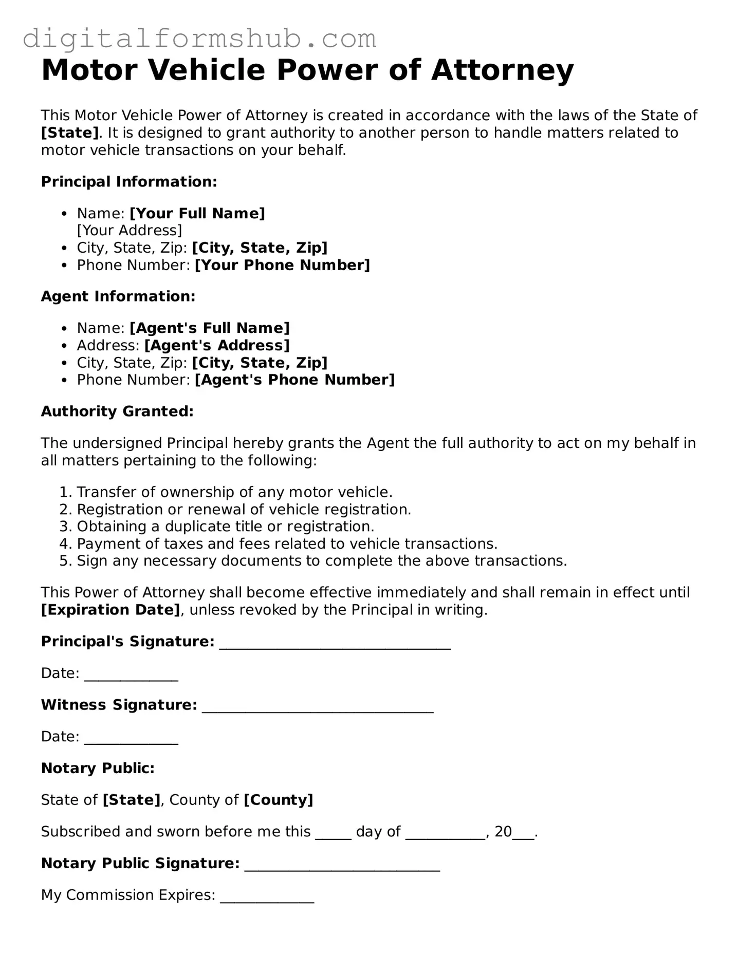 Valid Motor Vehicle Power of Attorney Document
