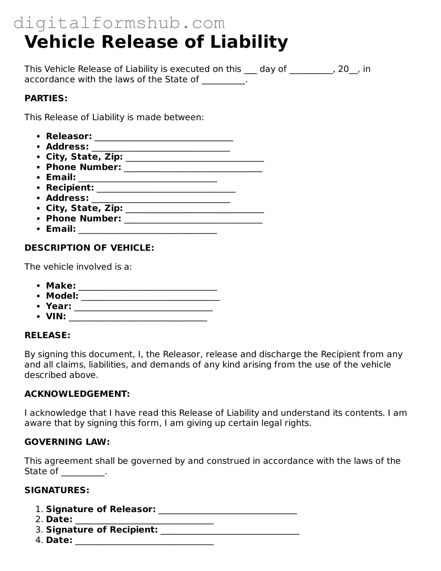Valid Vehicle Release of Liability Document