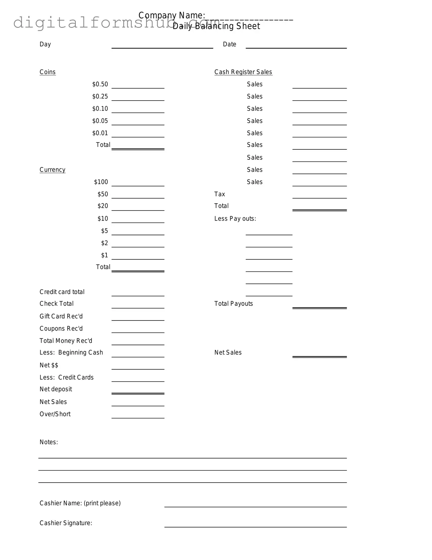 Free Cash Drawer Count Sheet Form in PDF