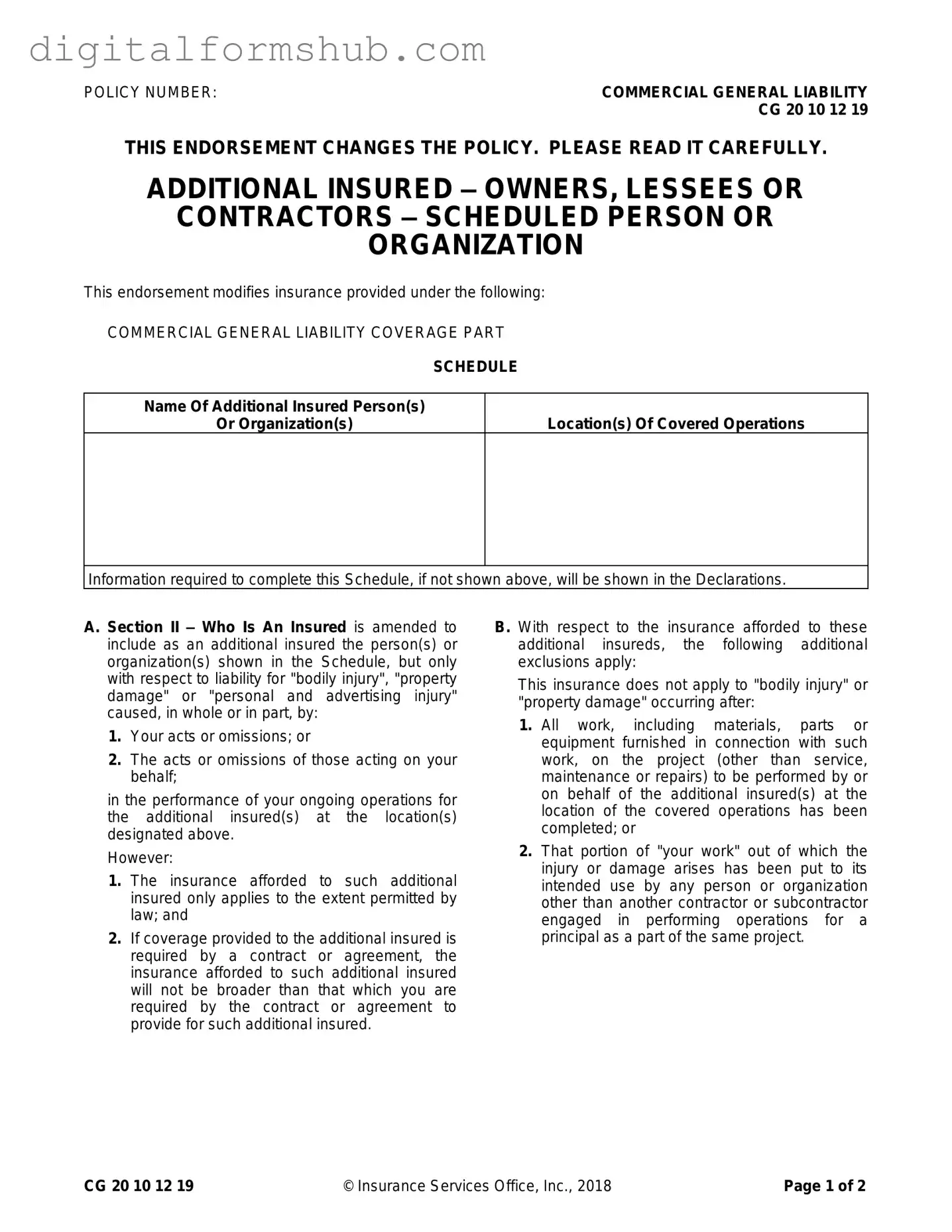 Free Cg 20 10 07 04 Liability Endorsement Form in PDF