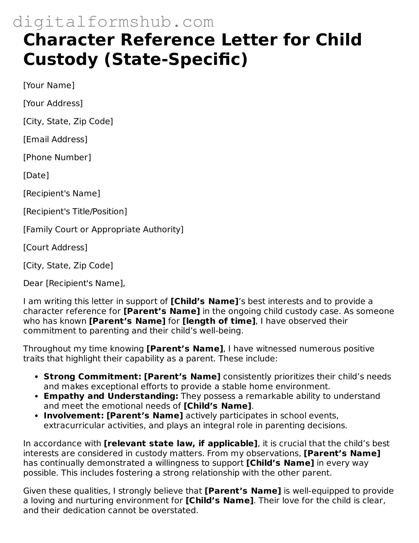 Valid Character Reference Letter for Child Custody Document