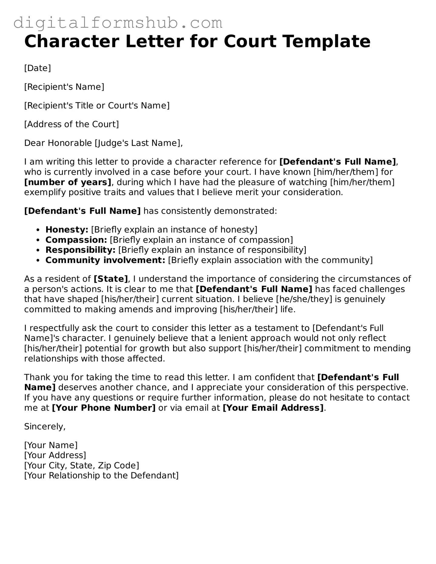 Valid Character Letter for Court Document