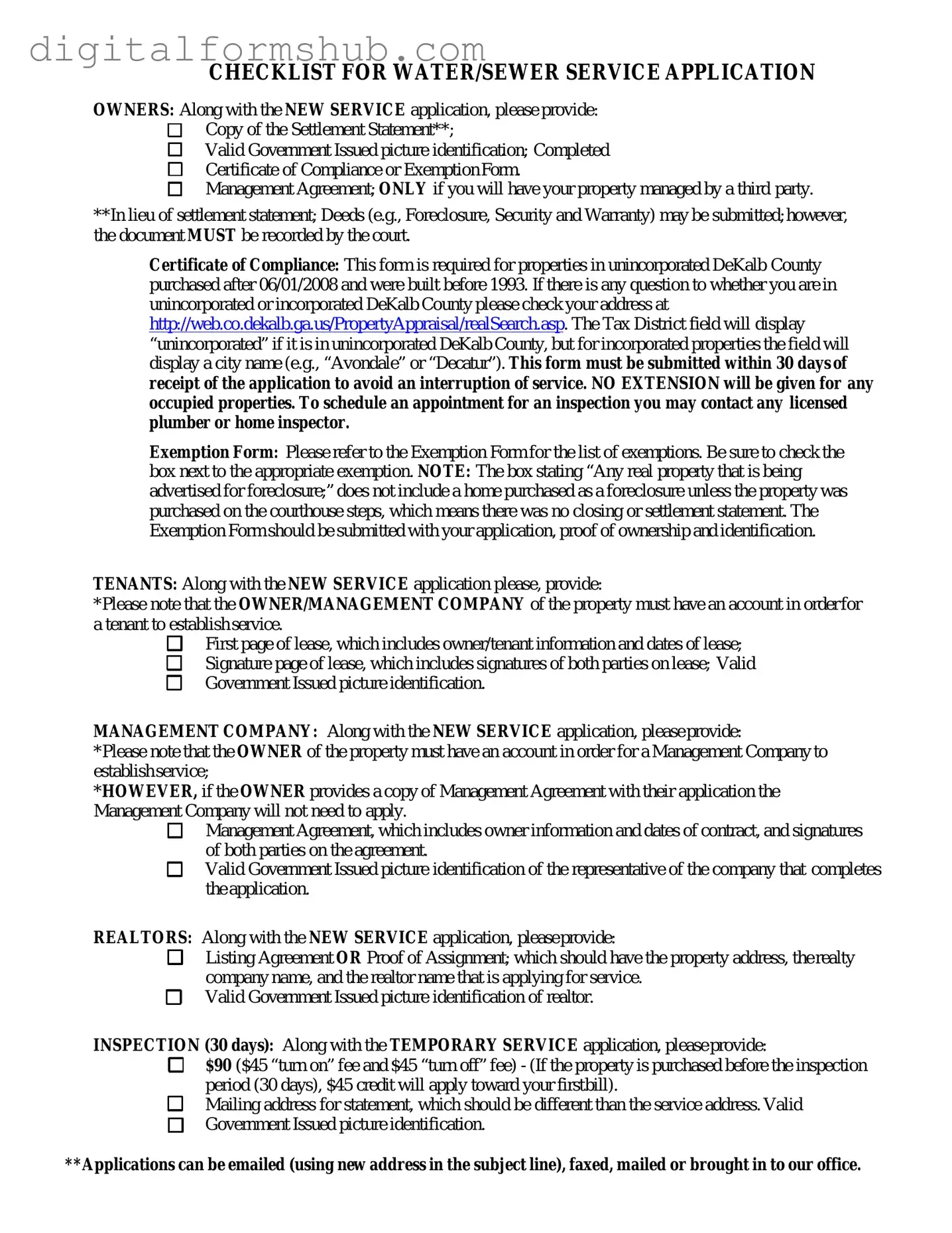 Free Dekalb County Water Application Form in PDF