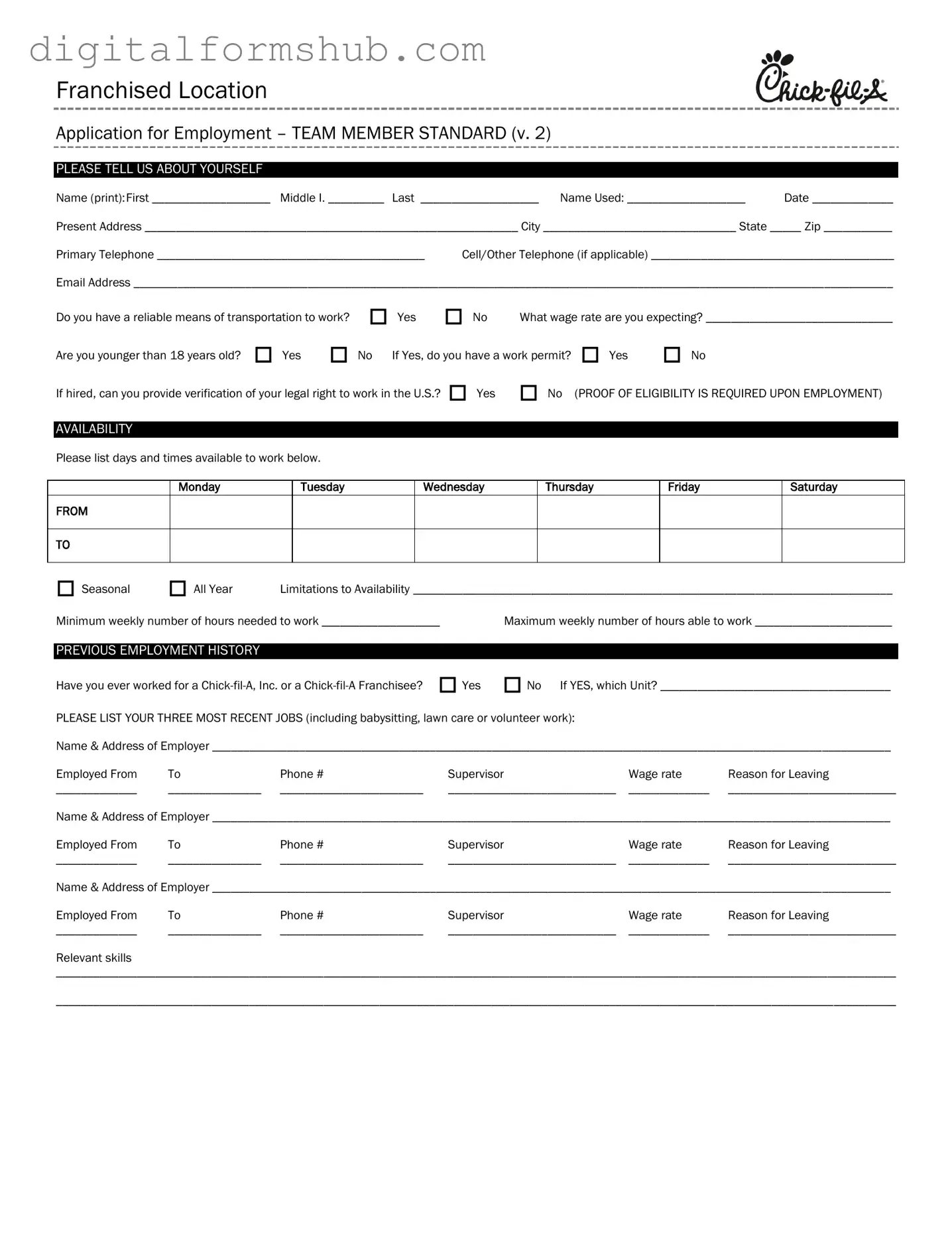 Free Chick Fil A Job Application Form in PDF
