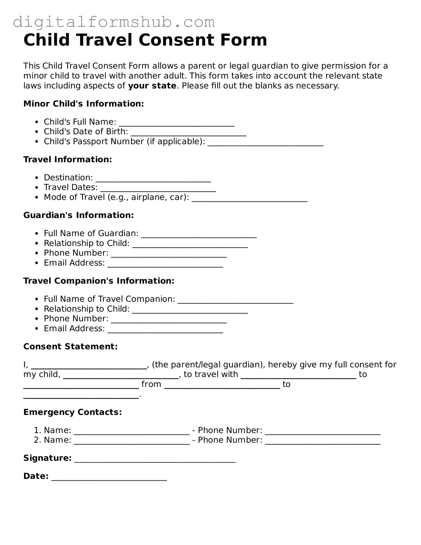 Valid Child Travel Consent Form Document