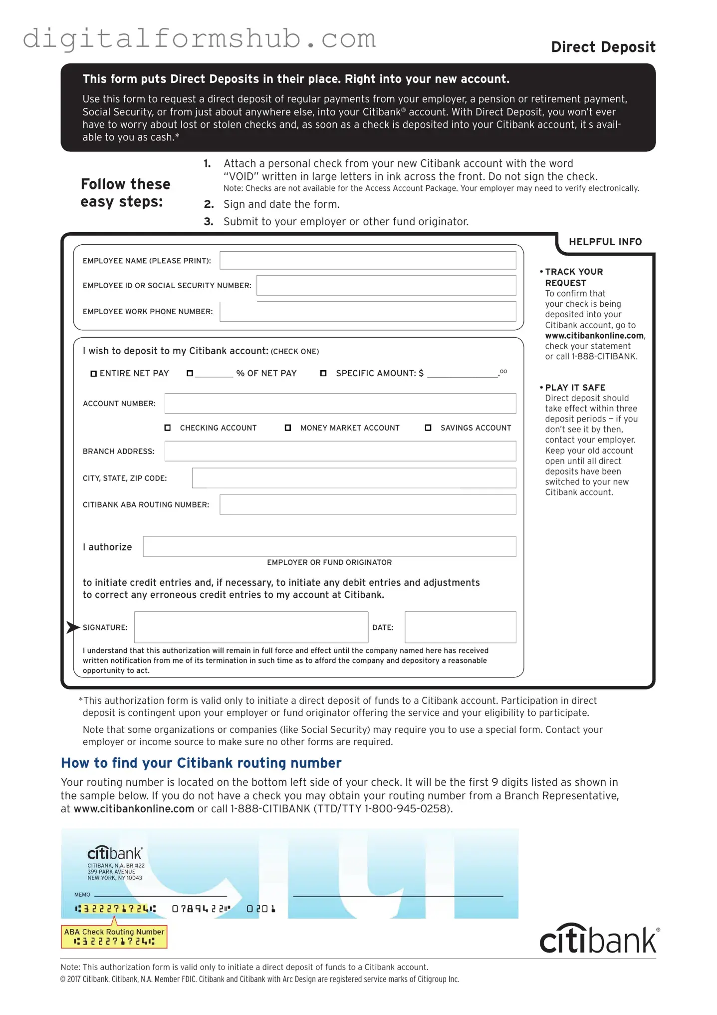 Free Citibank Direct Deposit Form in PDF