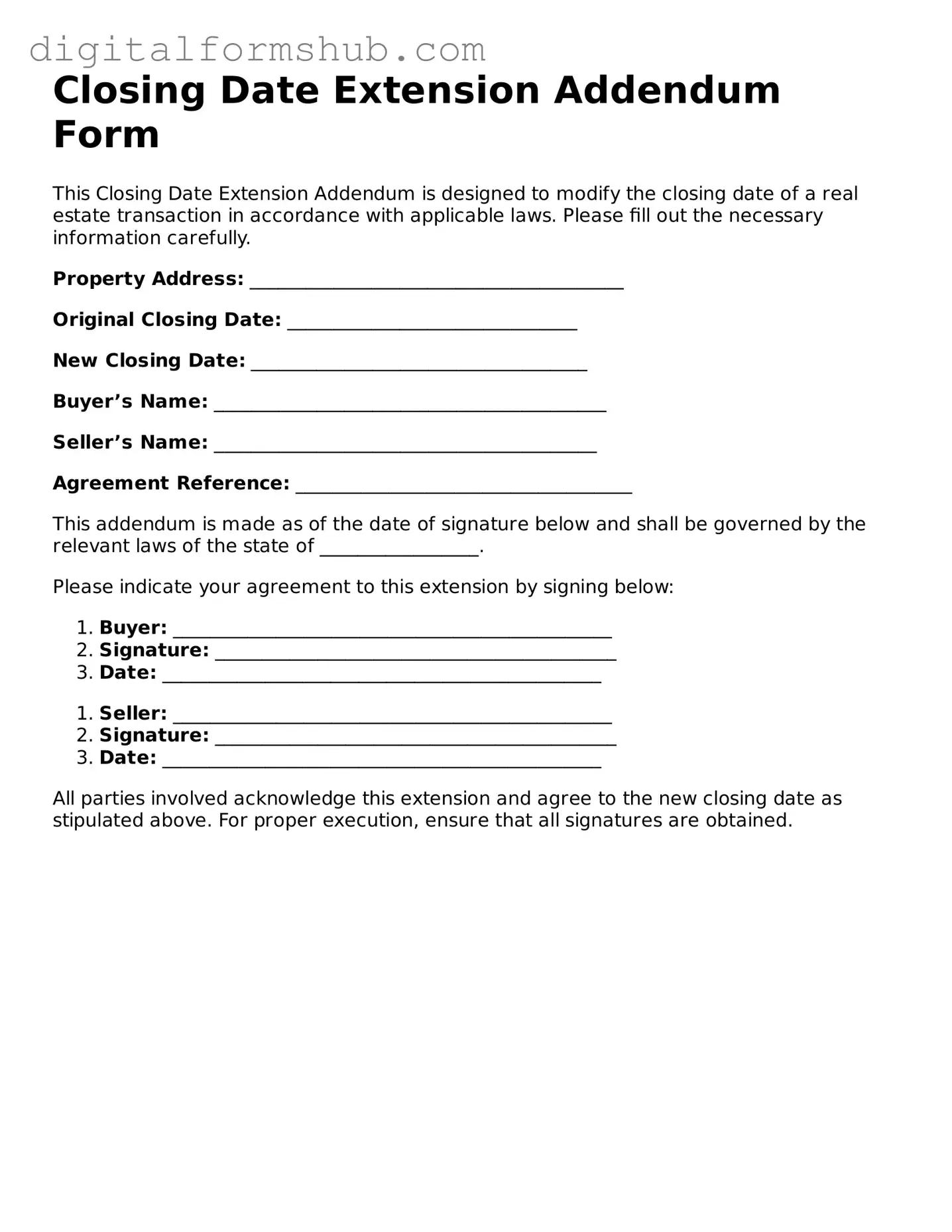 Valid Closing Date Extension Addendum Form Document