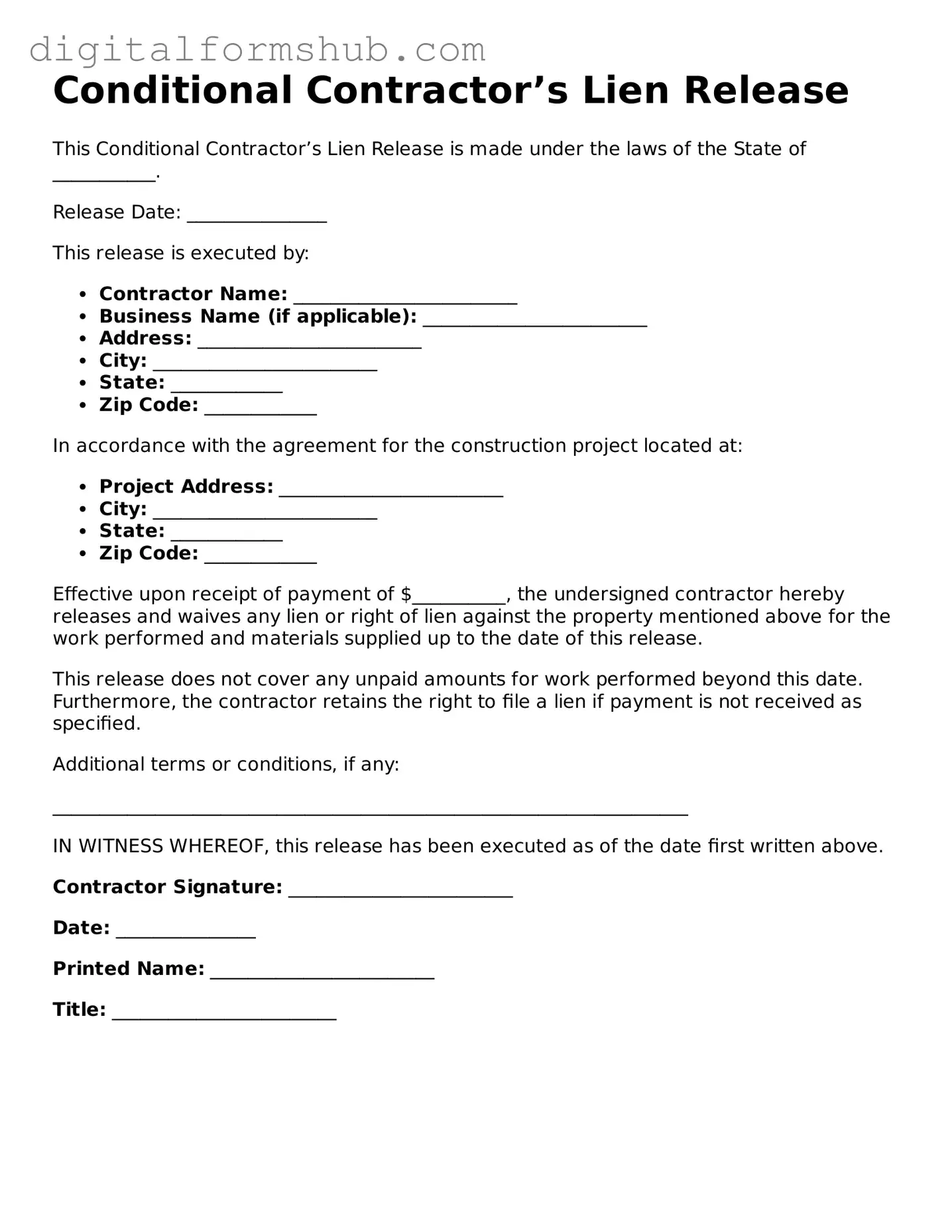 Valid Conditional Contractor’s Lien Release Document