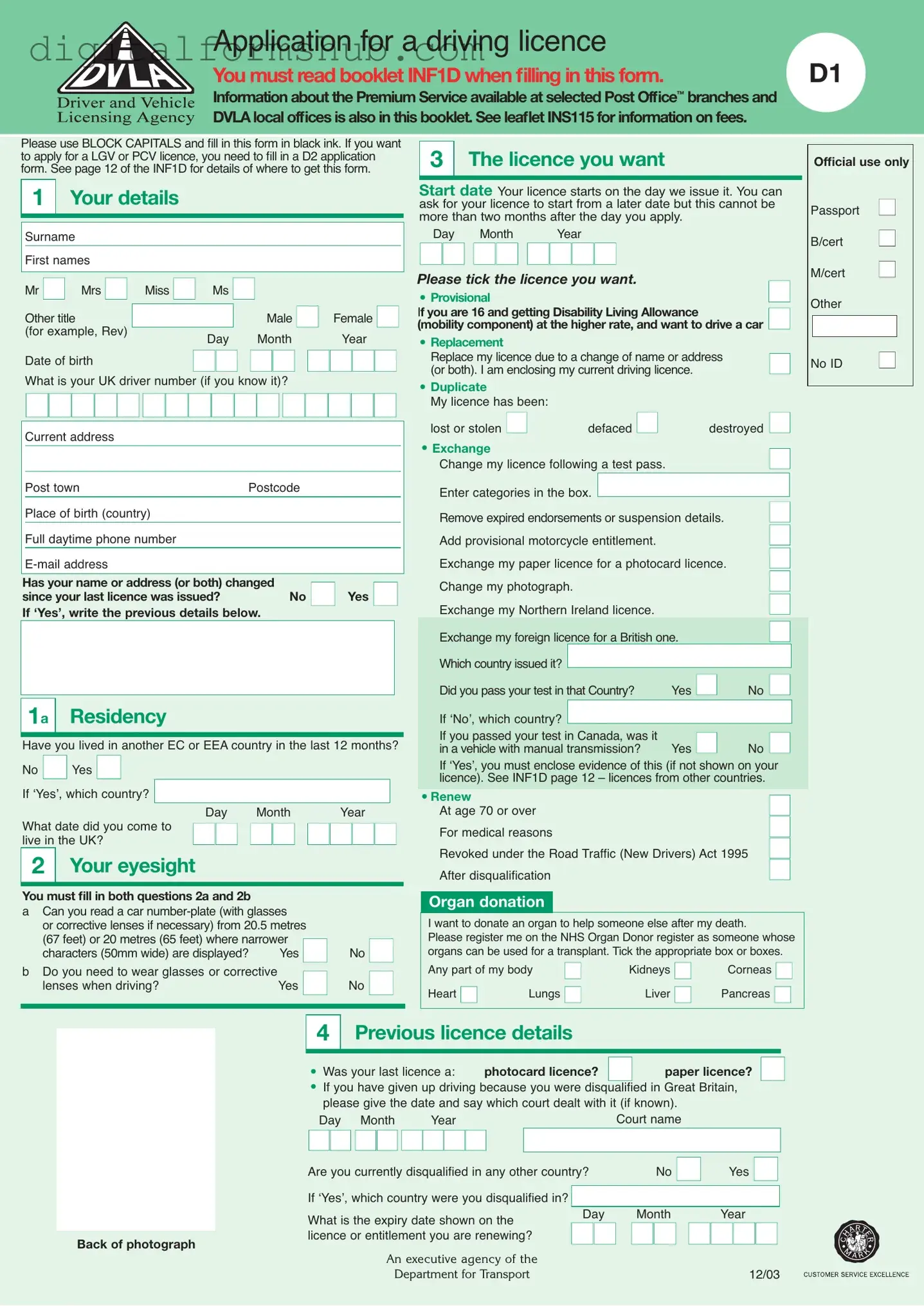 Free D1 Dvla Form in PDF