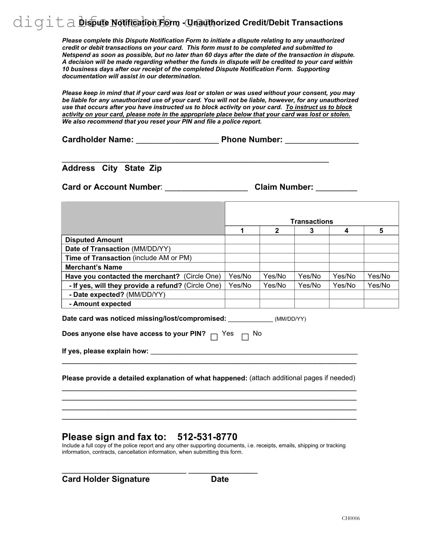 Free Netspend Dispute Form in PDF
