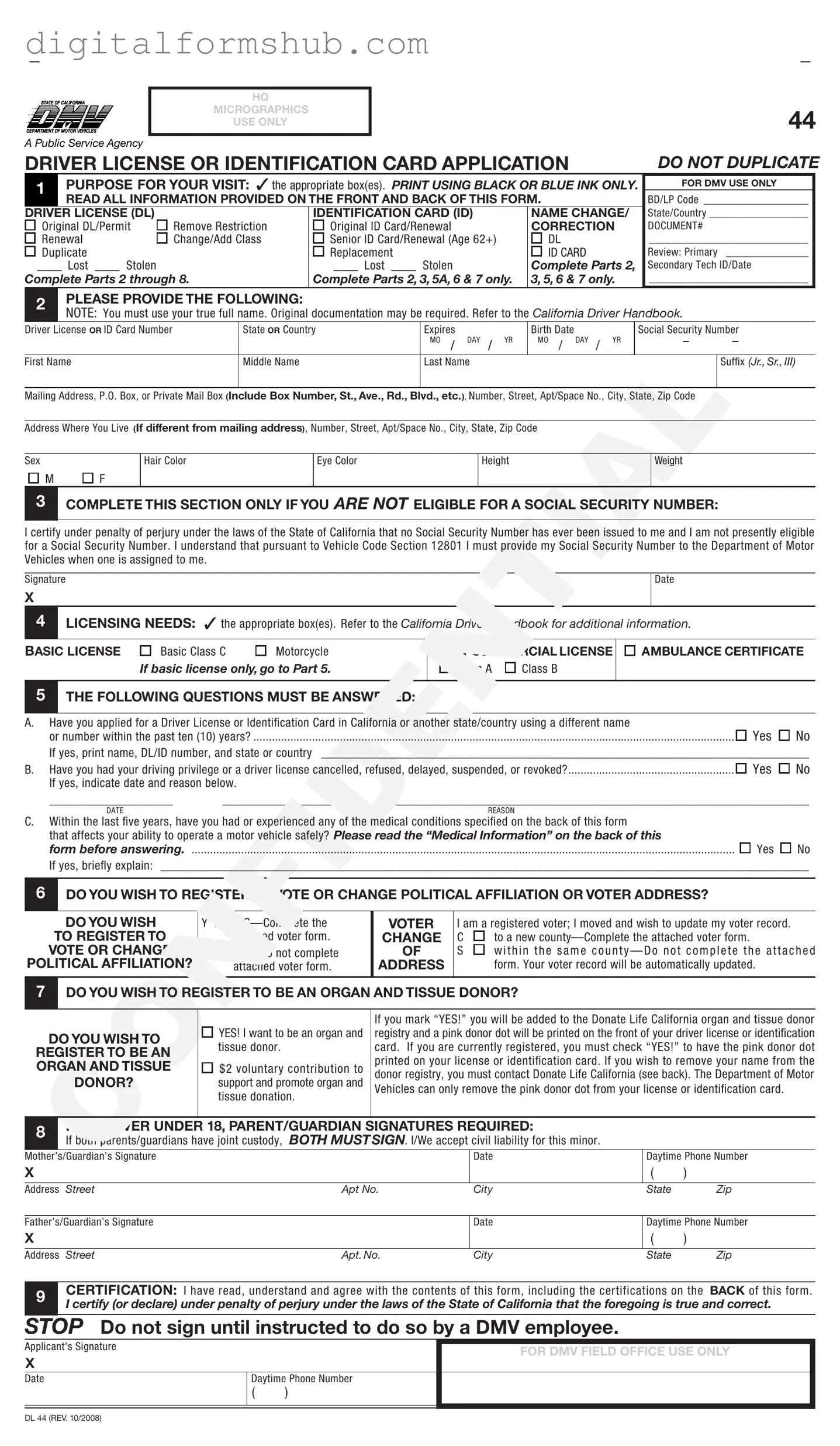 Free Ca Dmv Dl 44 Form in PDF