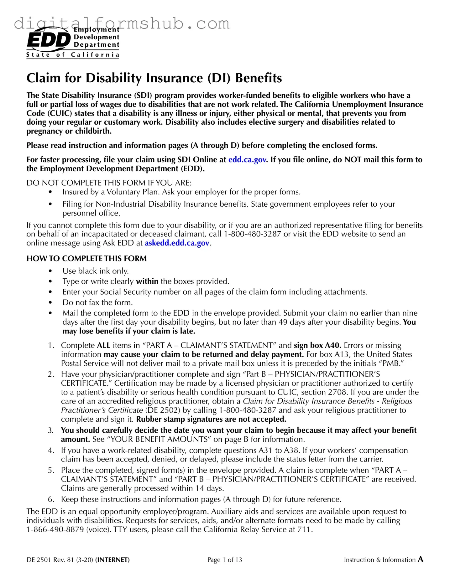 Free EDD DE 2501 Form in PDF