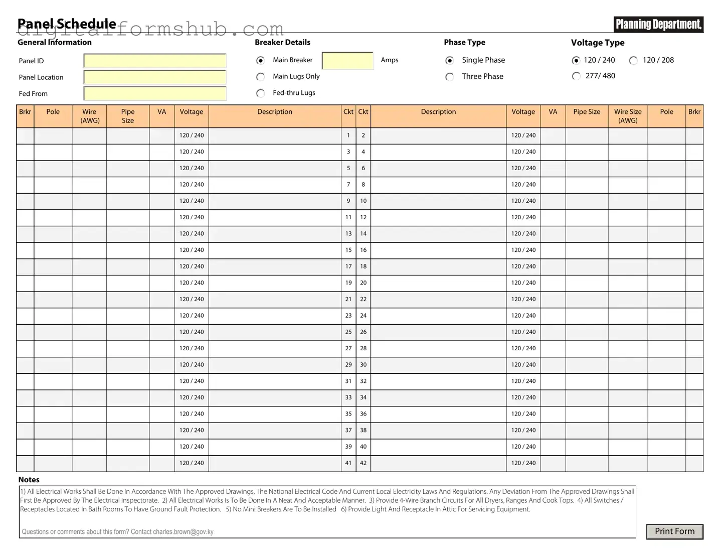 Free Electrical Panel Schedule Form in PDF