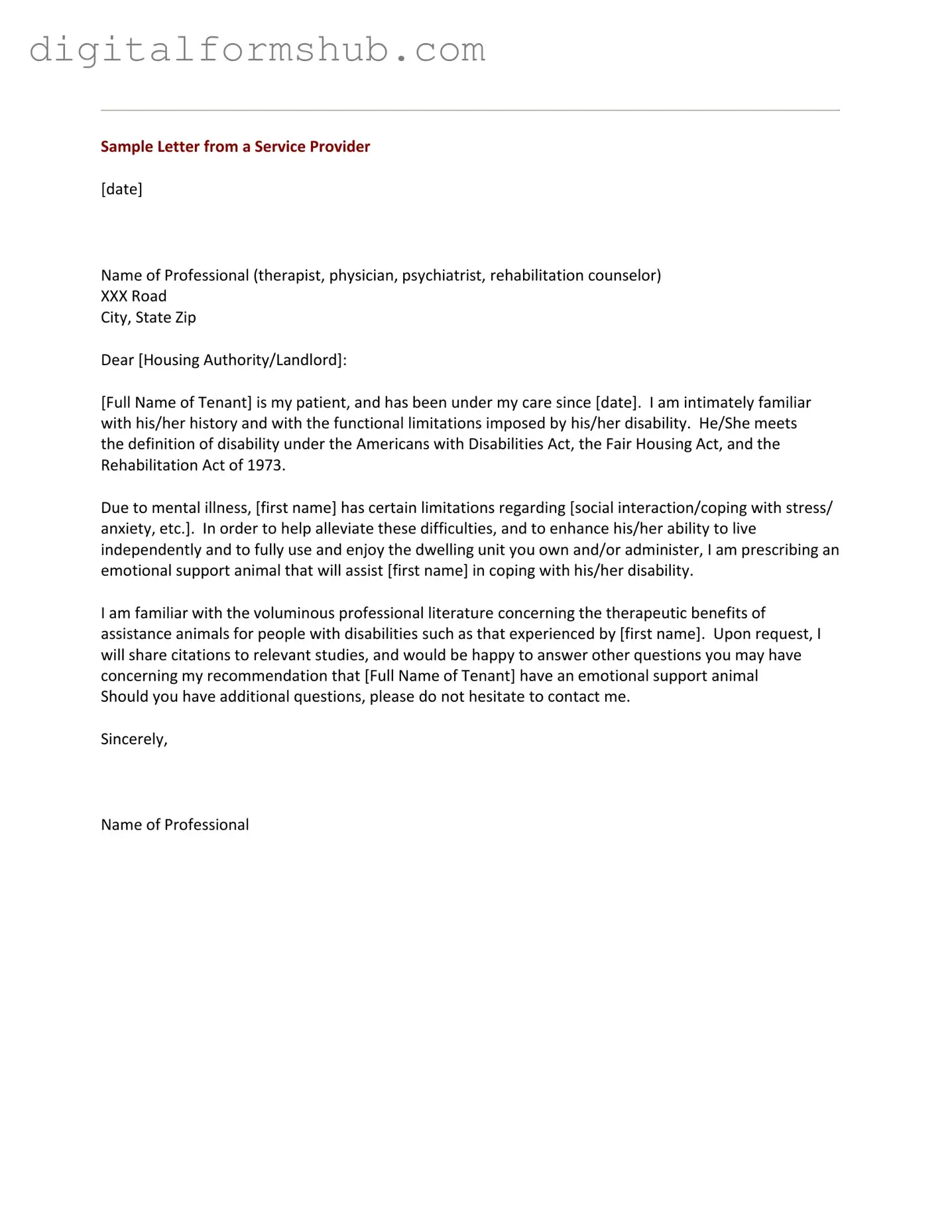 Free Emotional Support Animal Letter Form in PDF