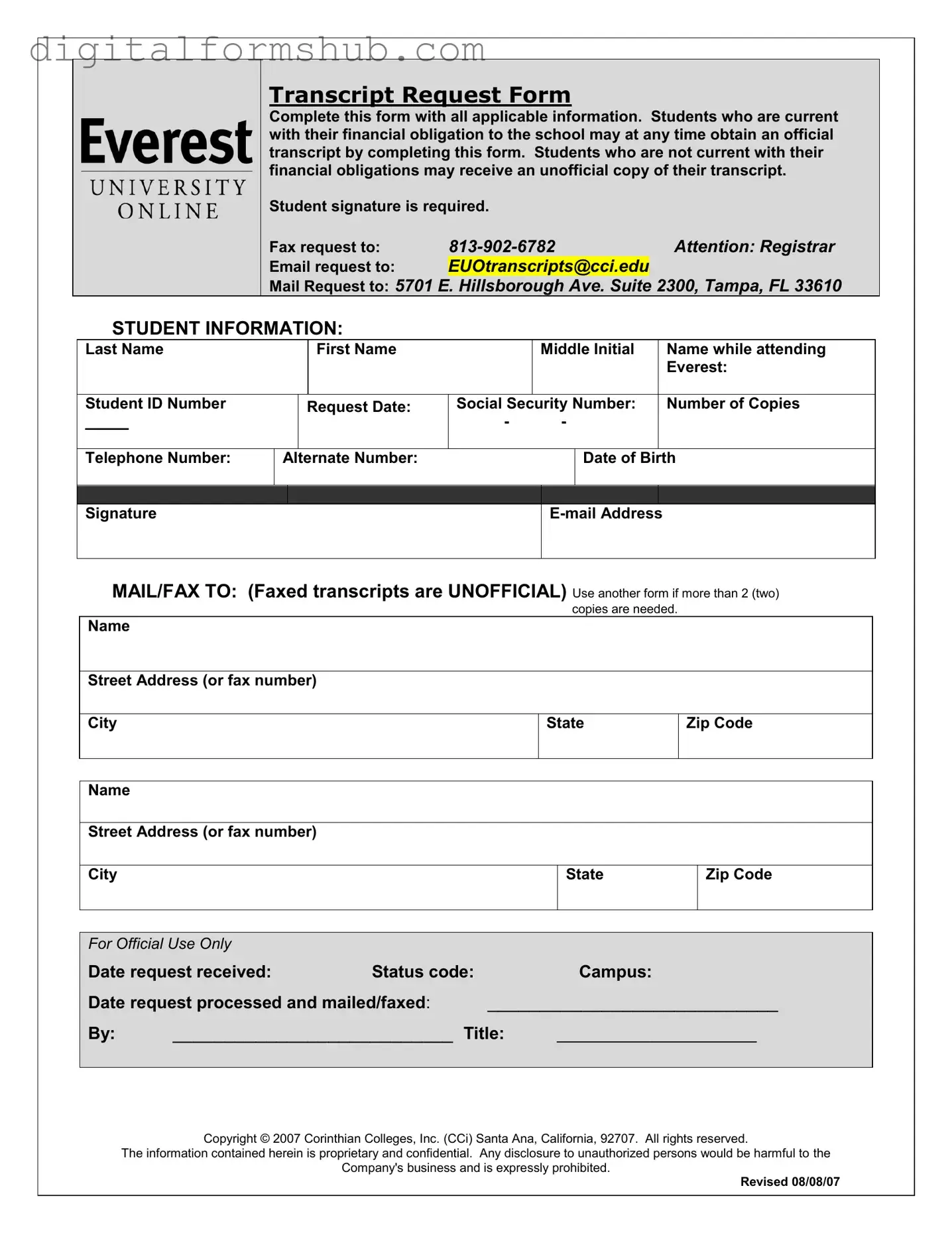 Free Everest University Transcript Form in PDF