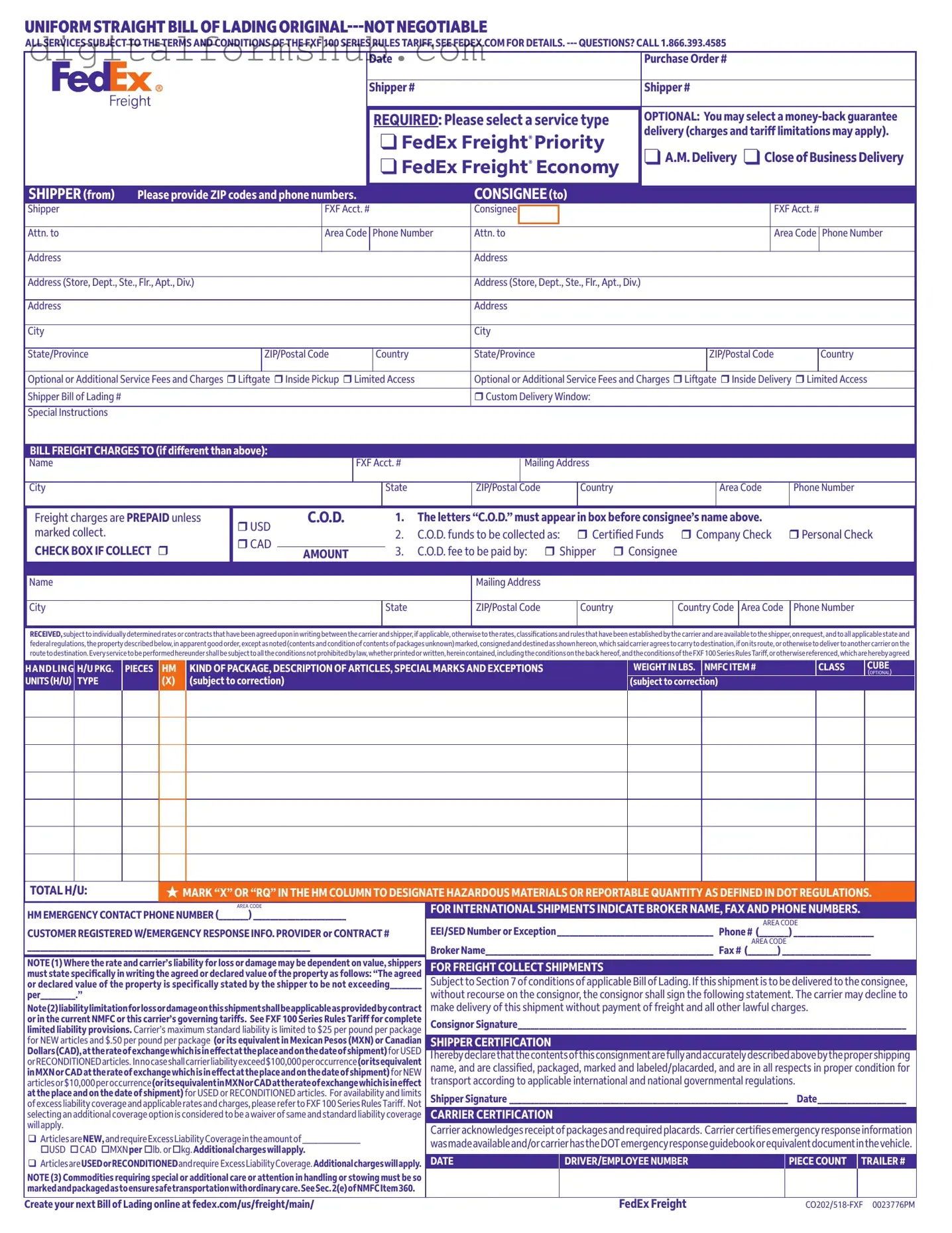 Free Fedex Bill Of Lading Form in PDF