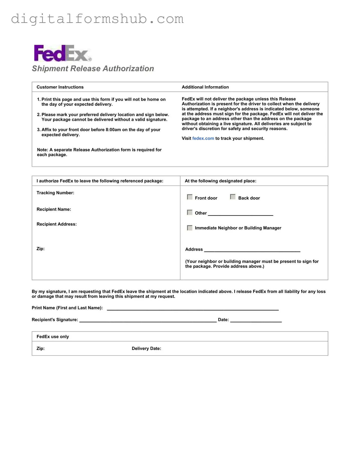 Free Fedex Release Form in PDF