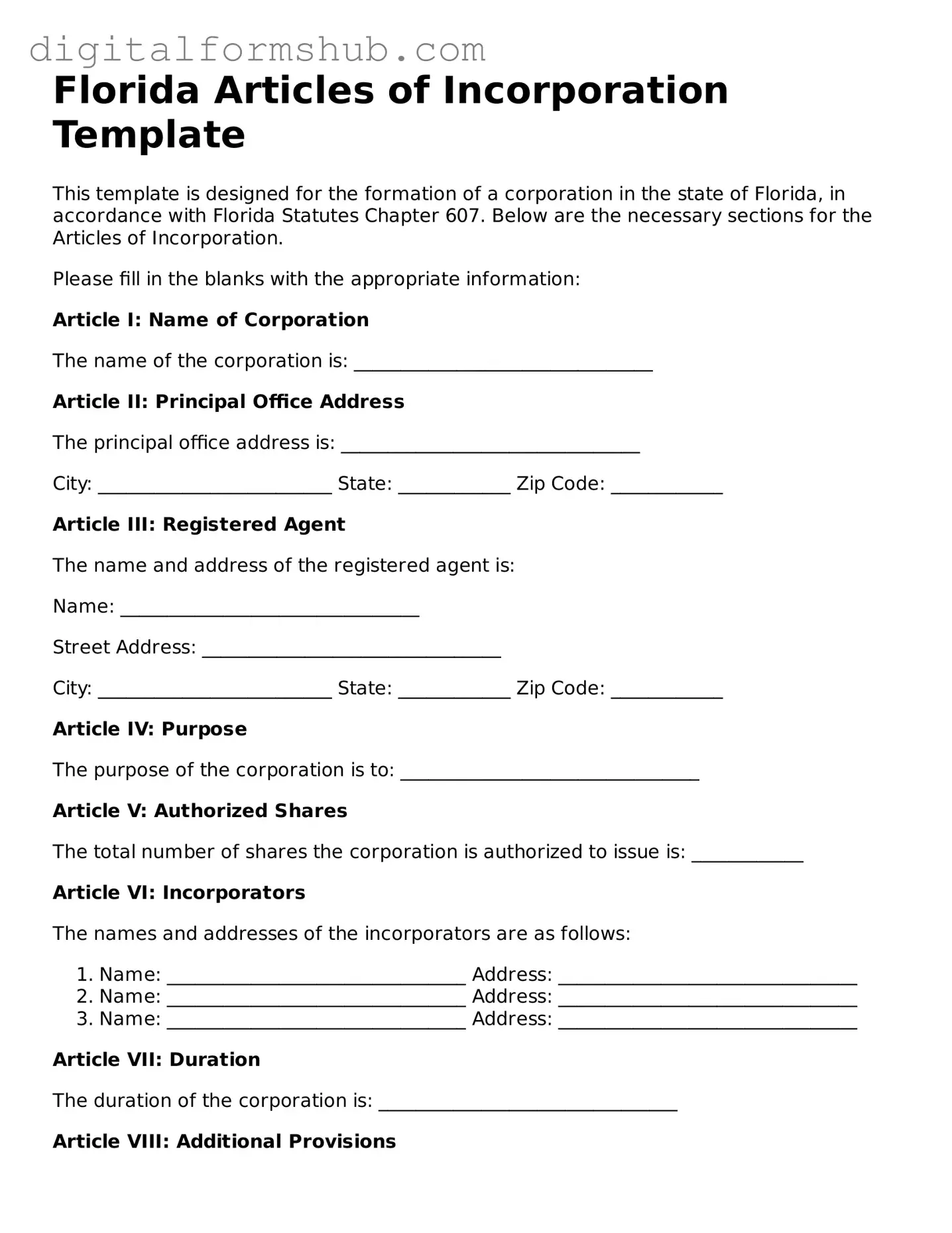 Official Articles of Incorporation Template for the State of Florida