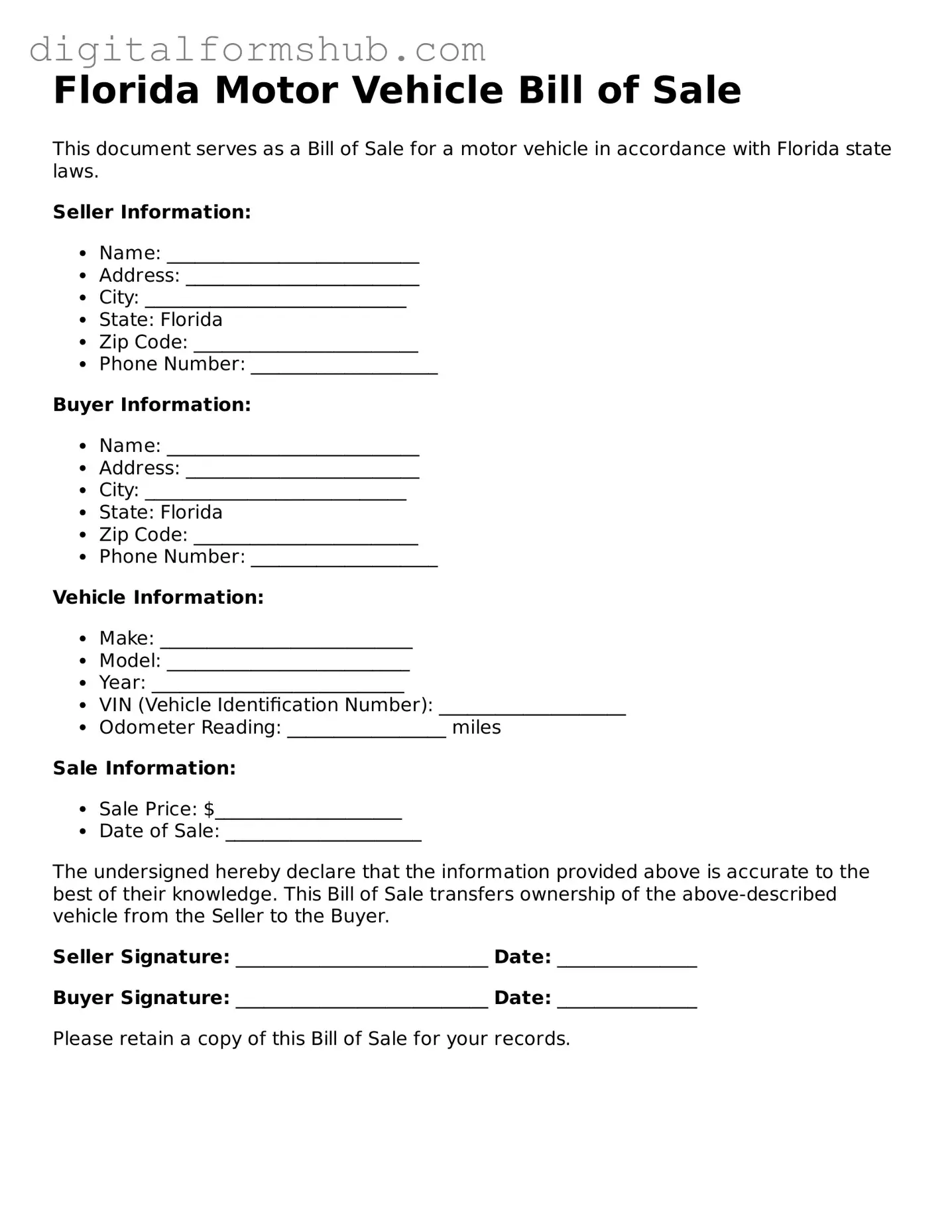 Official Motor Vehicle Bill of Sale Template for the State of Florida