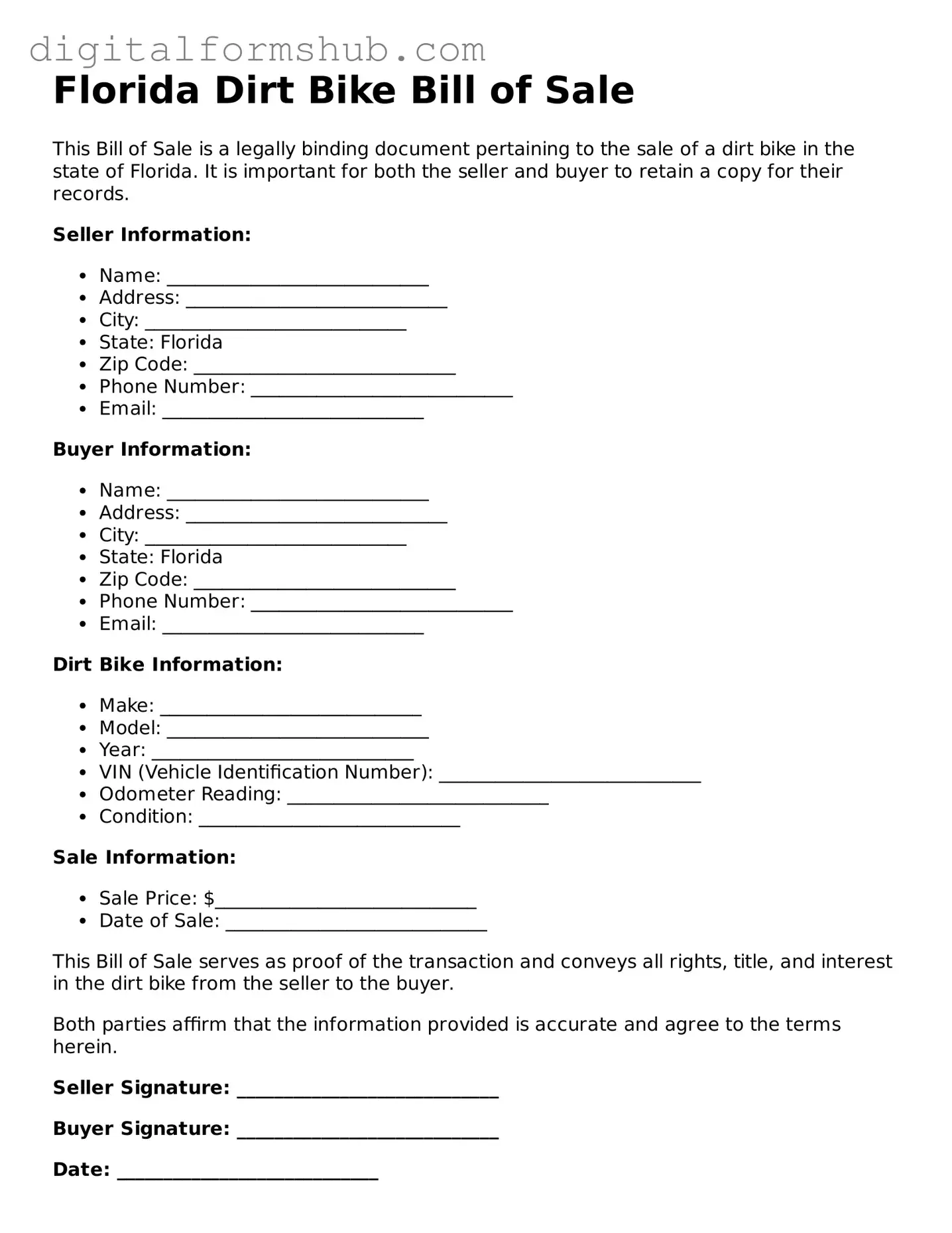 Official Dirt Bike Bill of Sale Template for the State of Florida