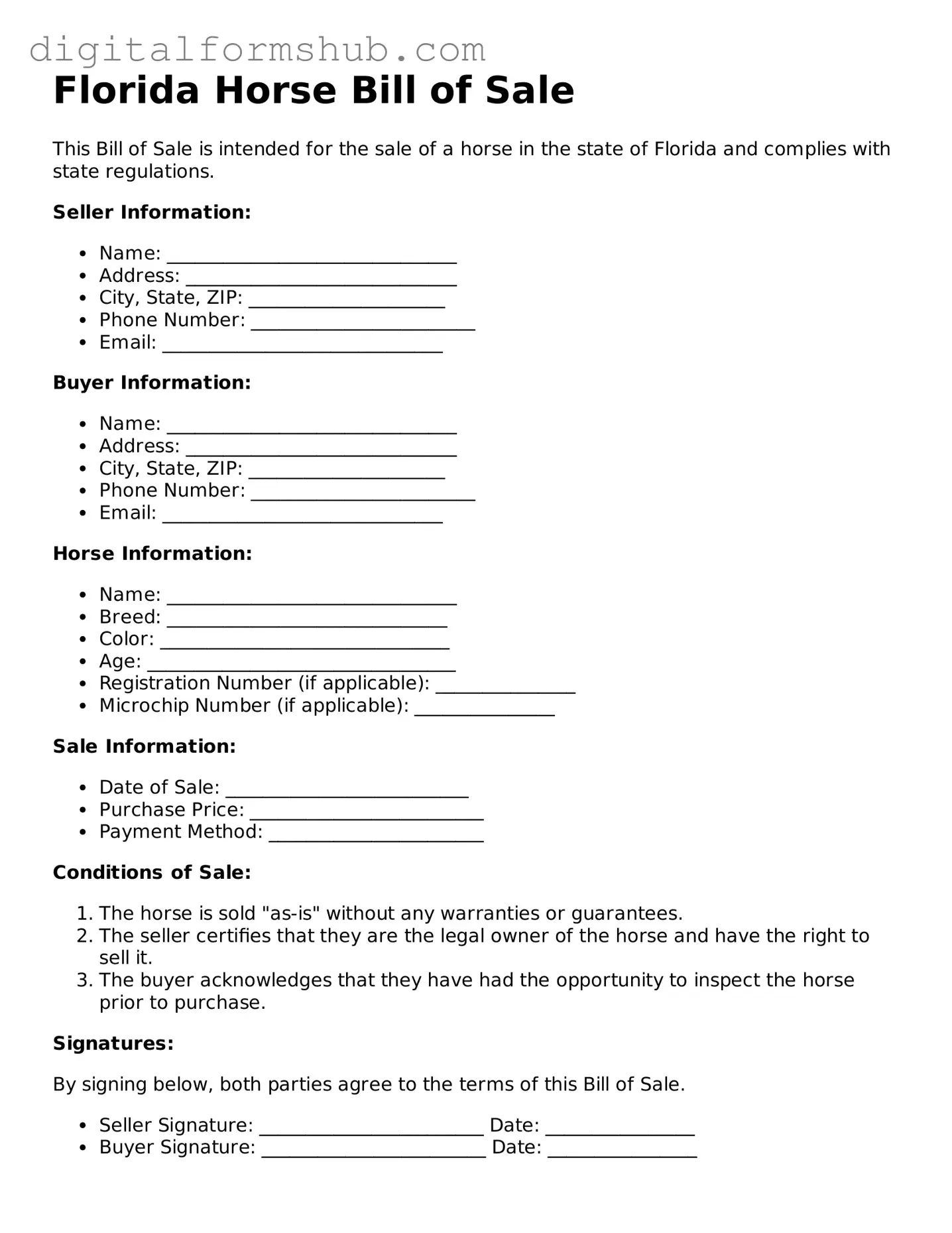 Official Horse Bill of Sale Template for the State of Florida