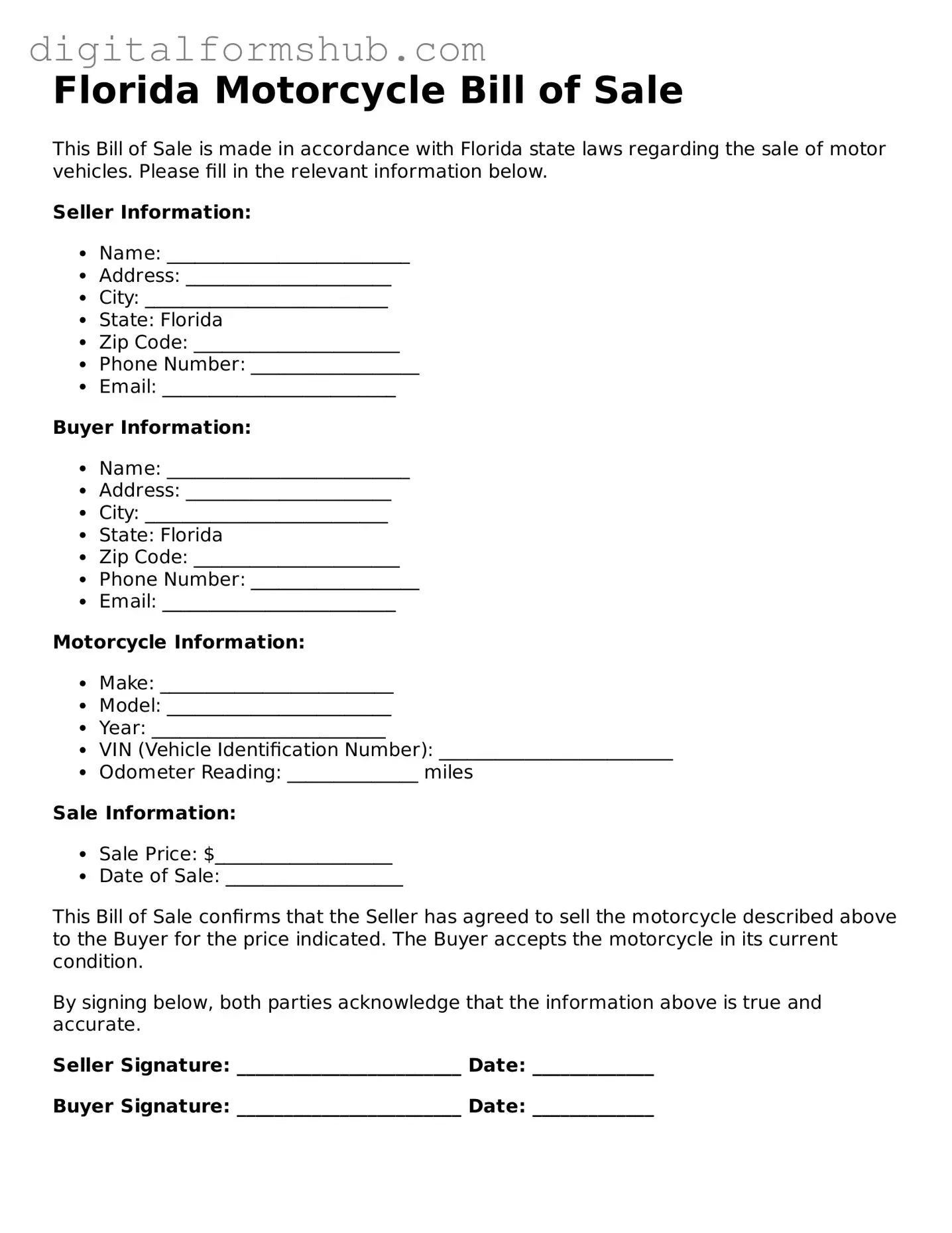 Official Motorcycle Bill of Sale Template for the State of Florida
