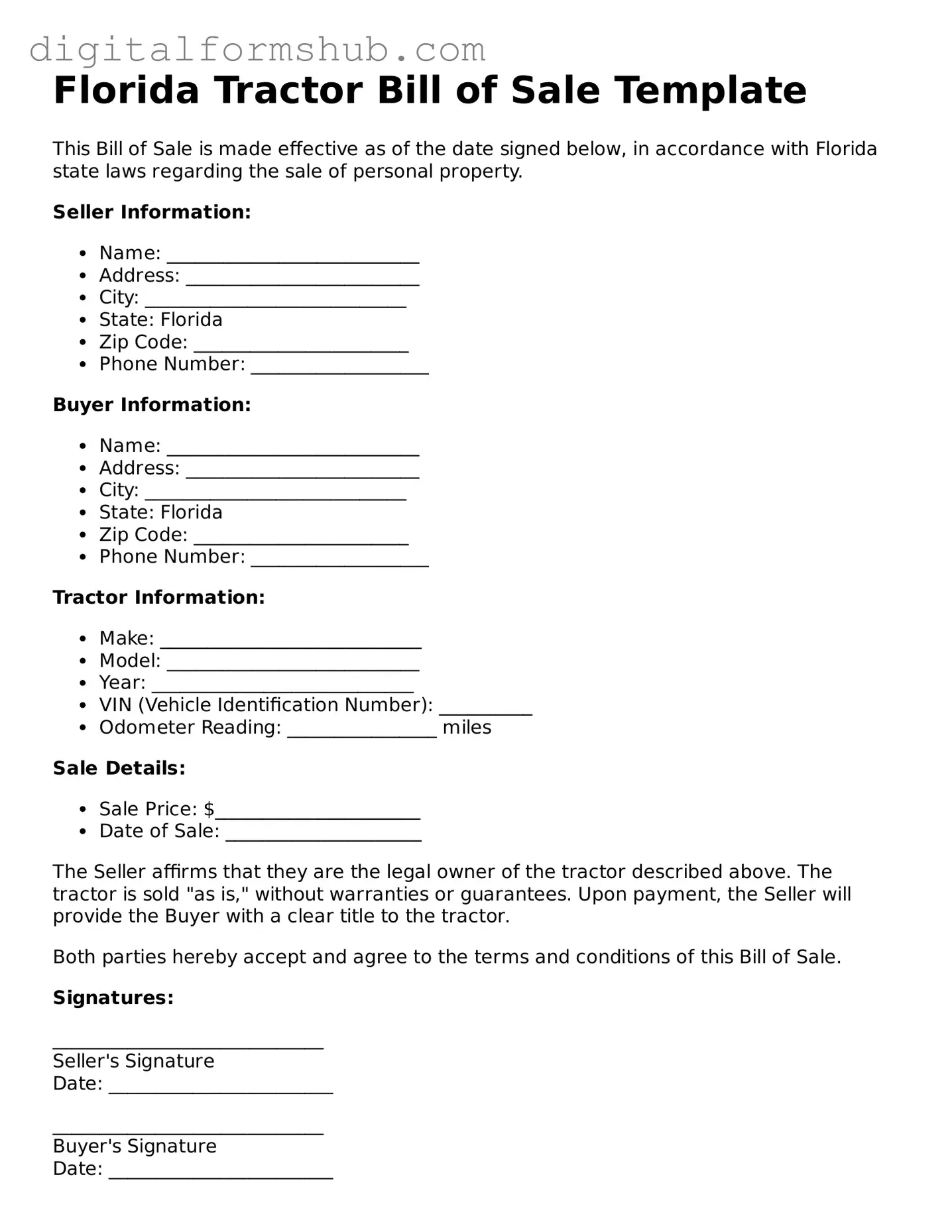 Official Tractor Bill of Sale Template for the State of Florida