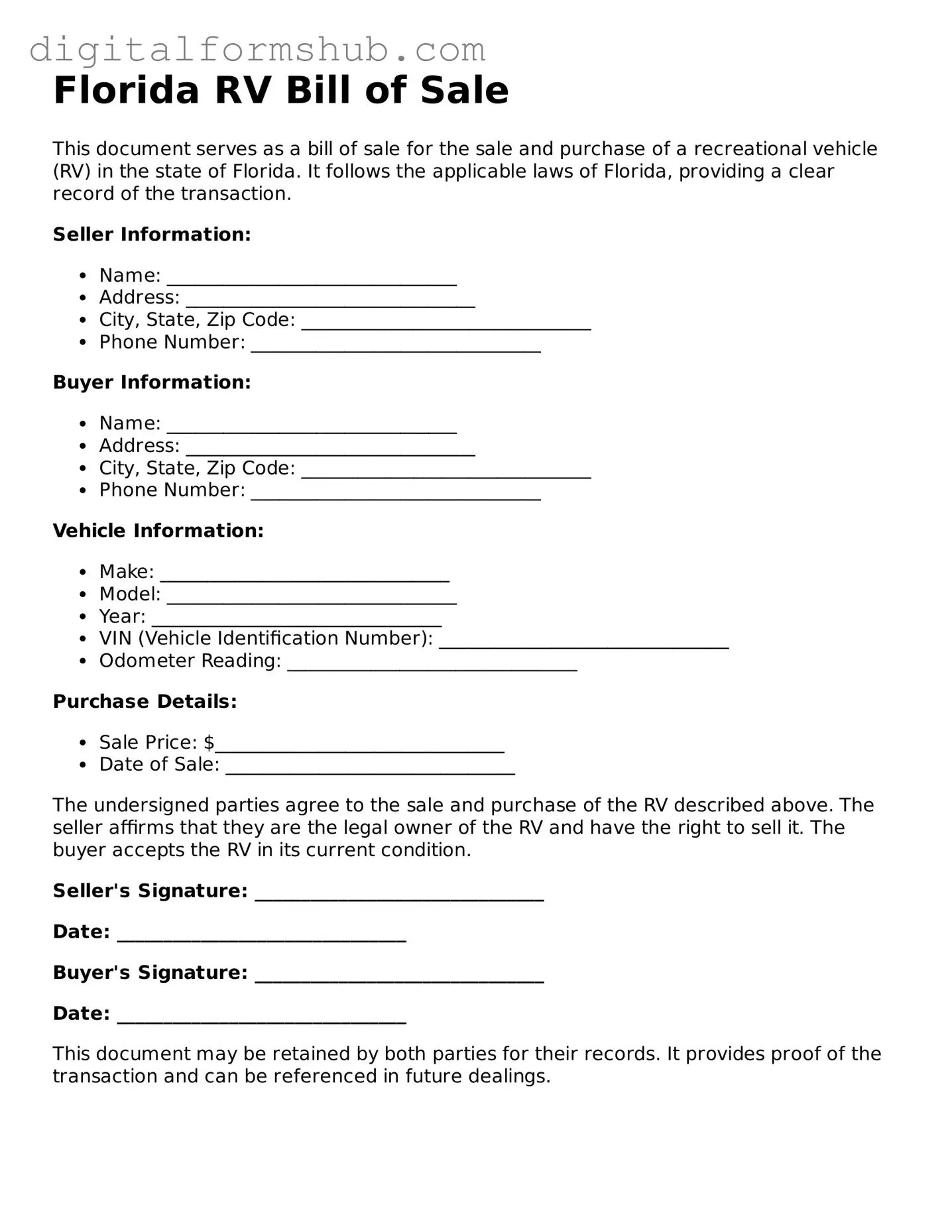 Official RV Bill of Sale Template for the State of Florida