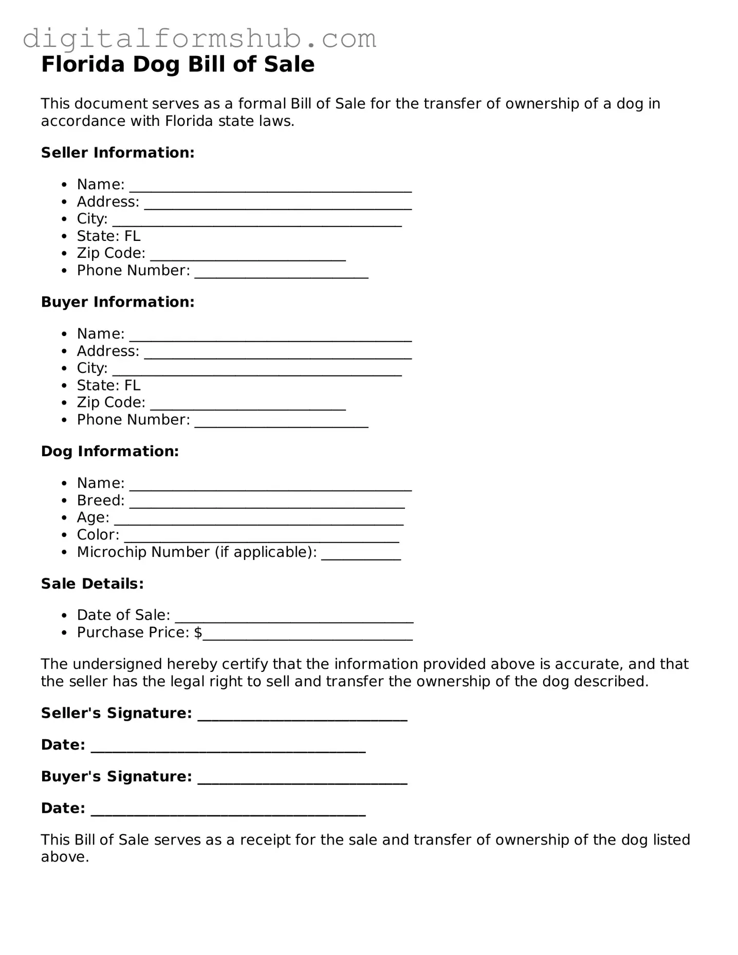 Official Dog Bill of Sale Template for the State of Florida