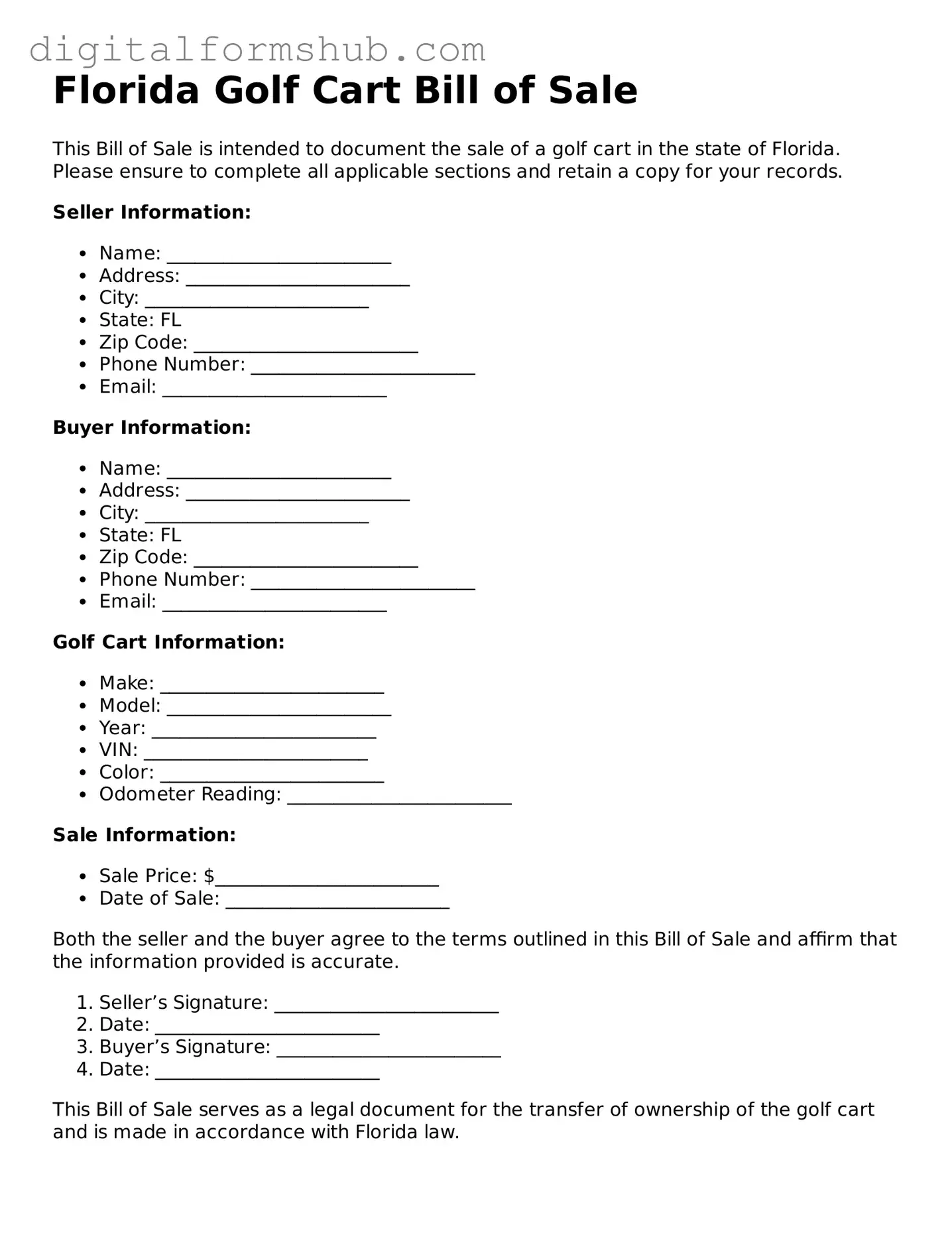 Official Golf Cart Bill of Sale Template for the State of Florida