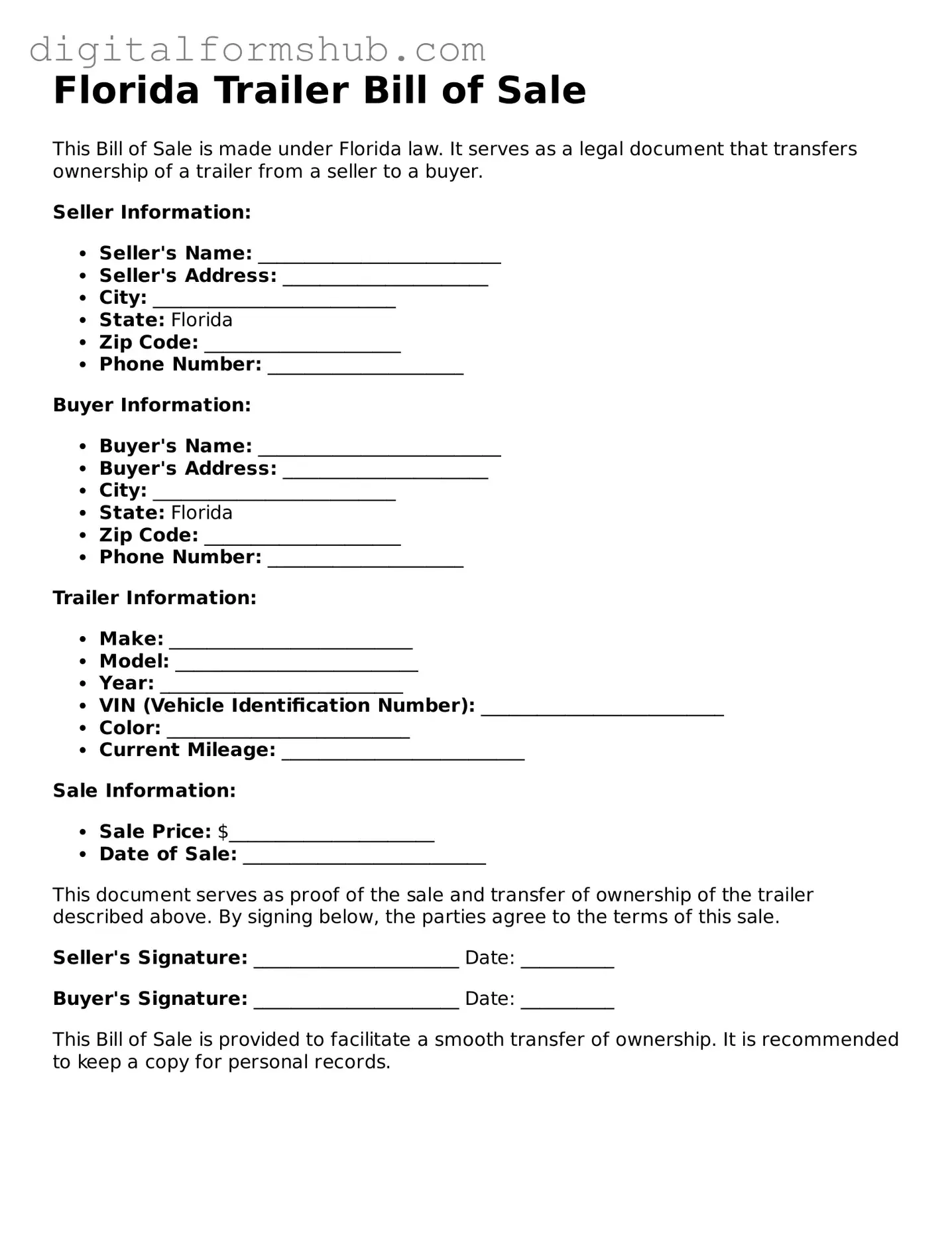 Official Trailer Bill of Sale Template for the State of Florida