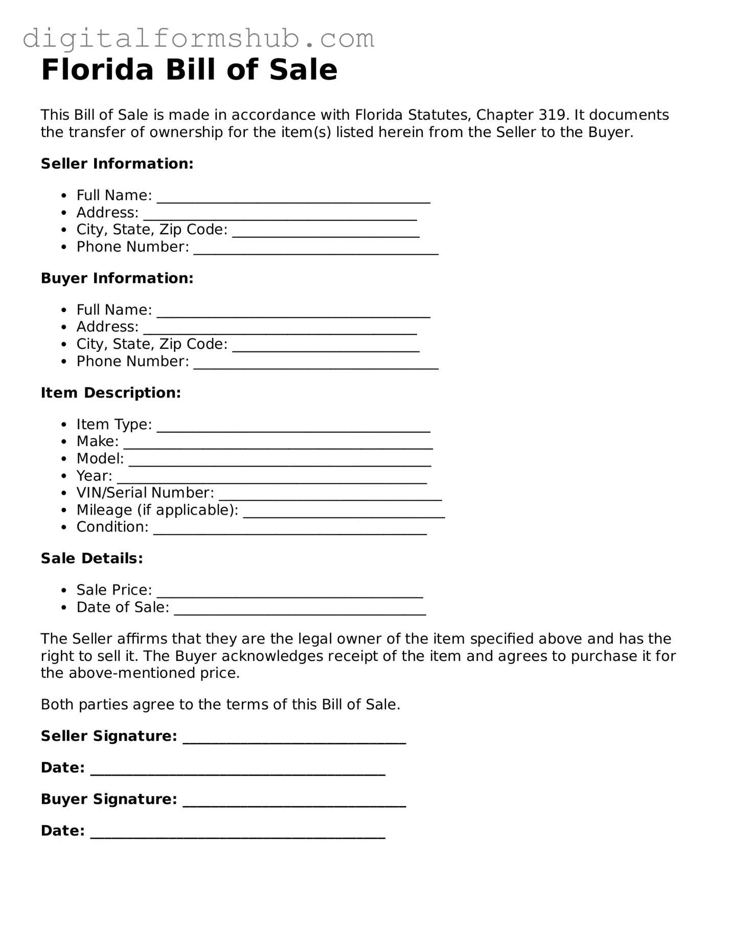 Official Bill of Sale Template for the State of Florida