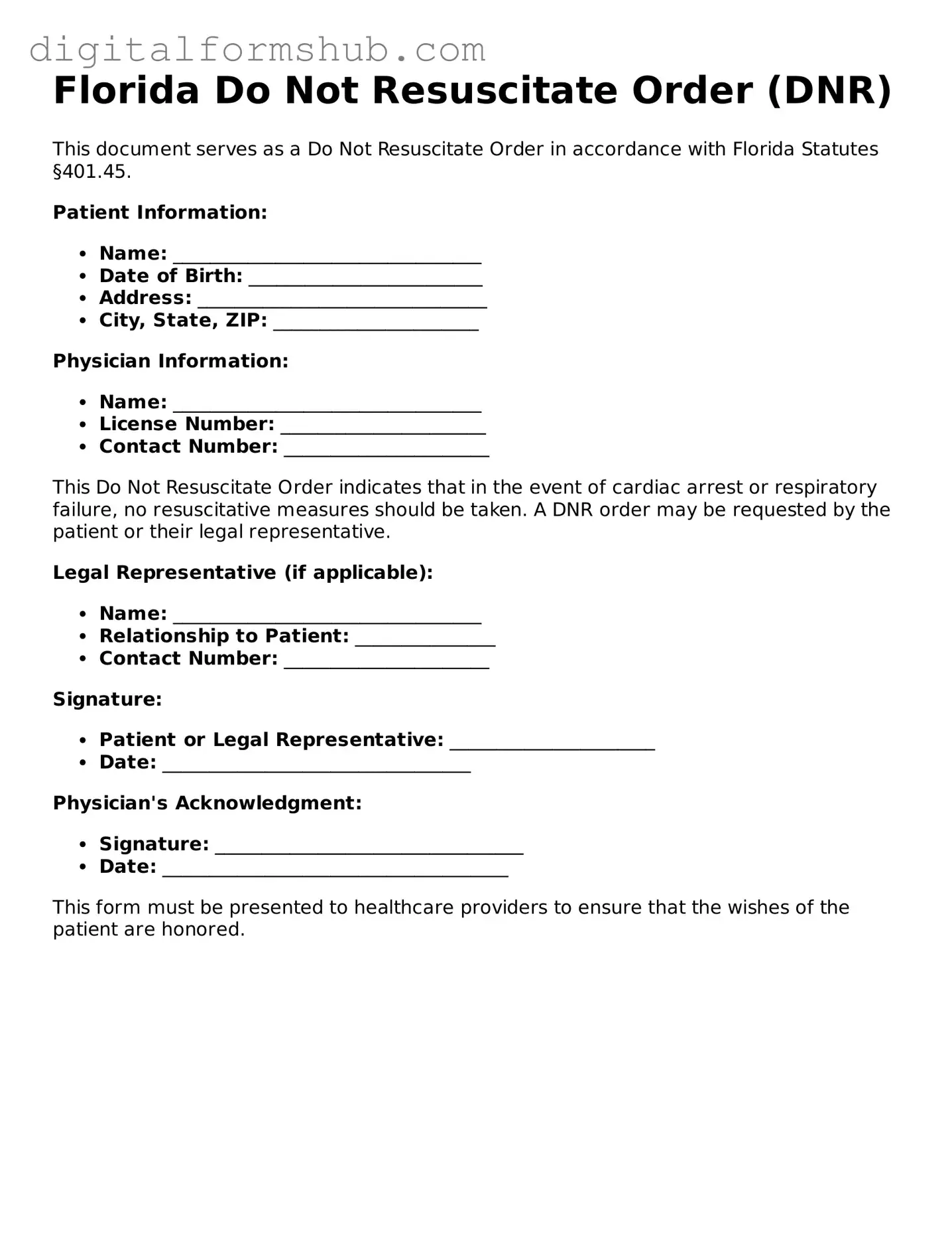 Official Do Not Resuscitate Order Template for the State of Florida