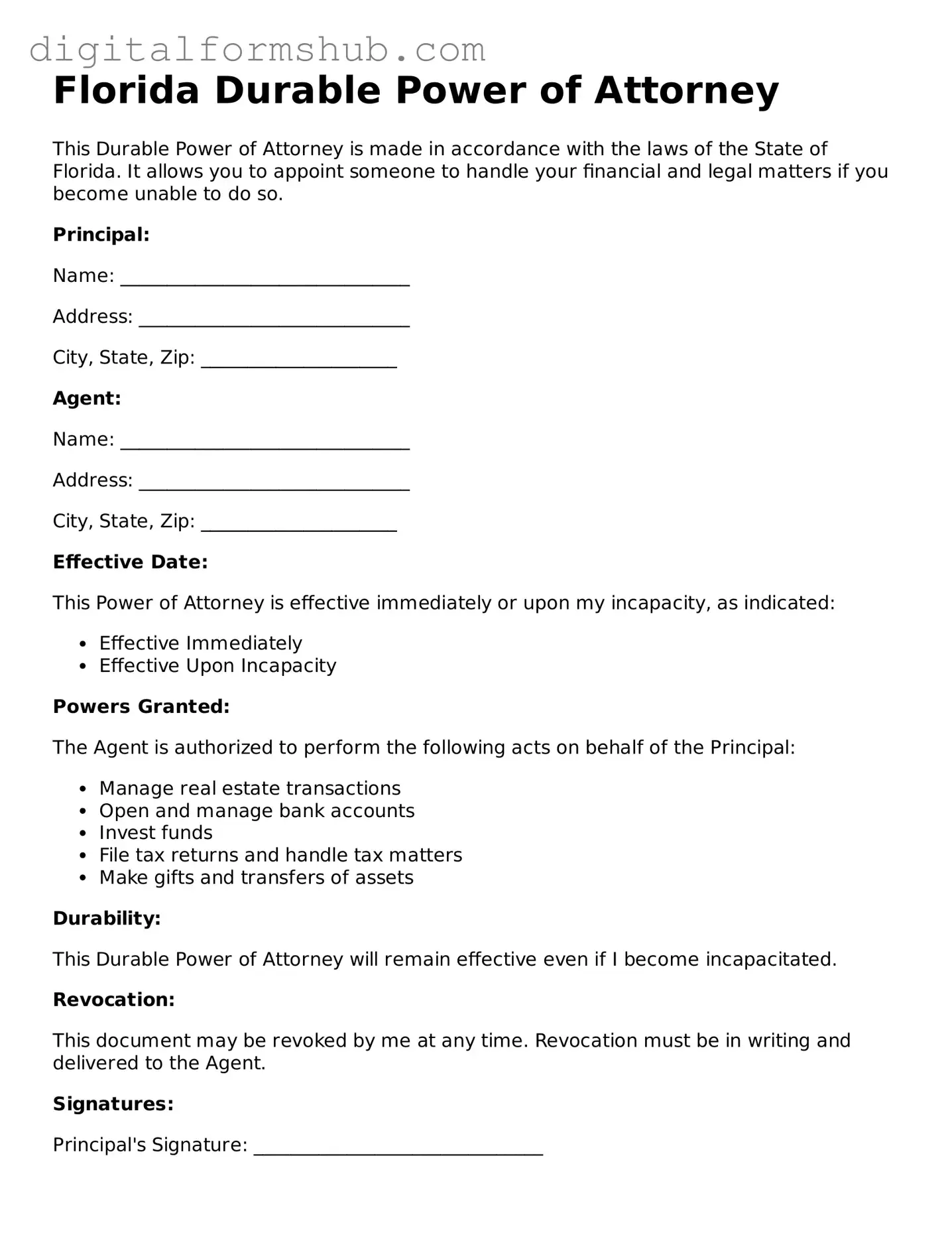 Official Durable Power of Attorney Template for the State of Florida
