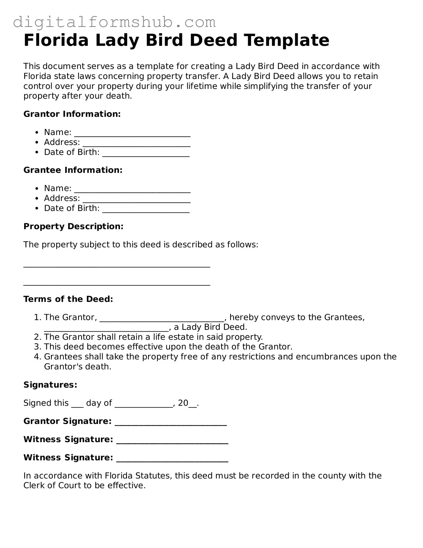 Official Lady Bird Deed Template for the State of Florida